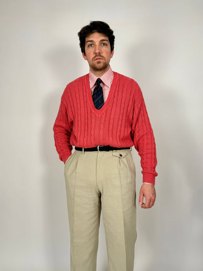 Pullover rosa corallo anni ‘80 100% cotone a trecce - tg. L/XL