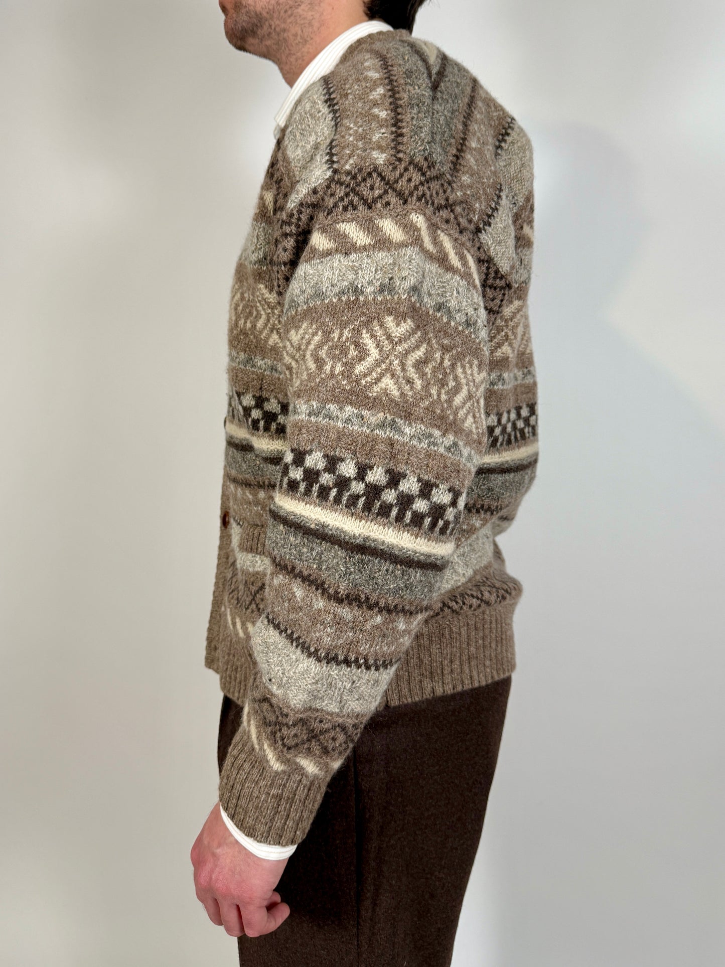 Cardigan anni ‘80 in lana Shetland fantasia geometrica - L