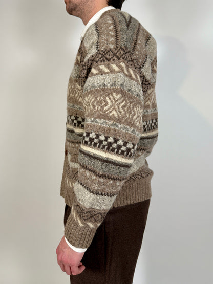 Cardigan anni ‘80 in lana Shetland fantasia geometrica - L