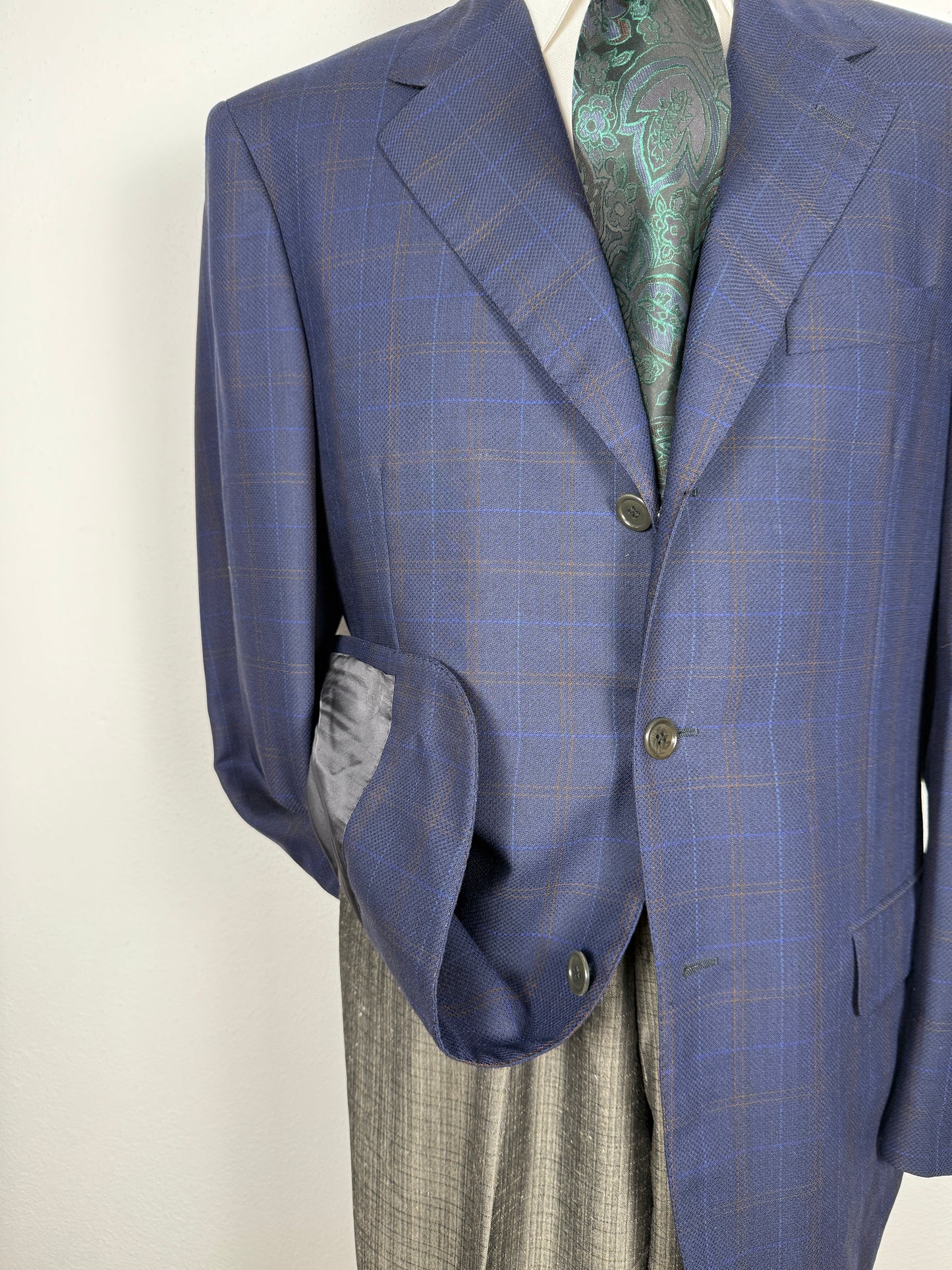 Giacca Pierre Cardin anni '90 in lana super twist blu a quadri - tg. 52/54