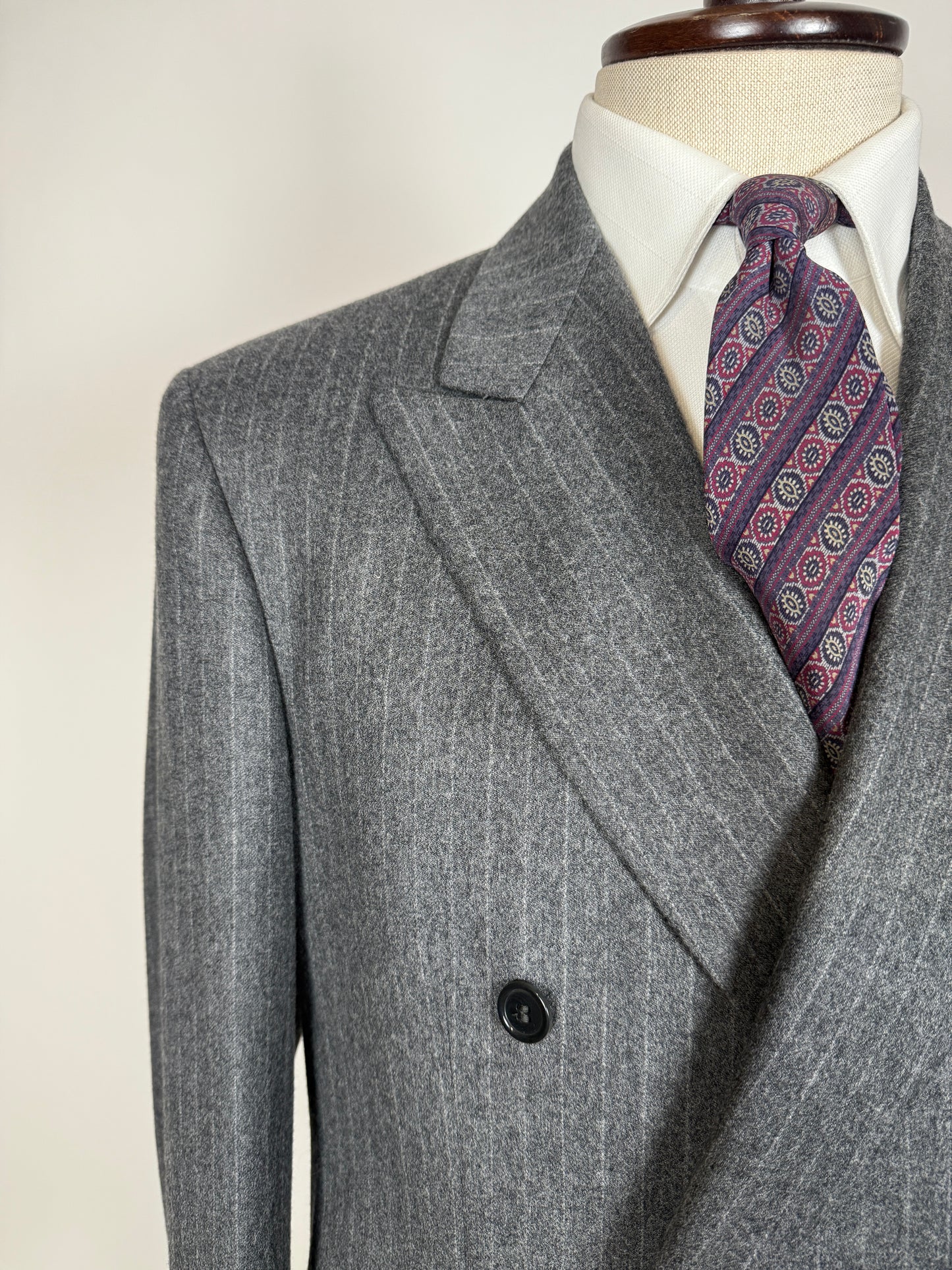 Completo doppiopetto flanella grigio gessato anni ‘80/‘90 - tg. 48/50, drop alto