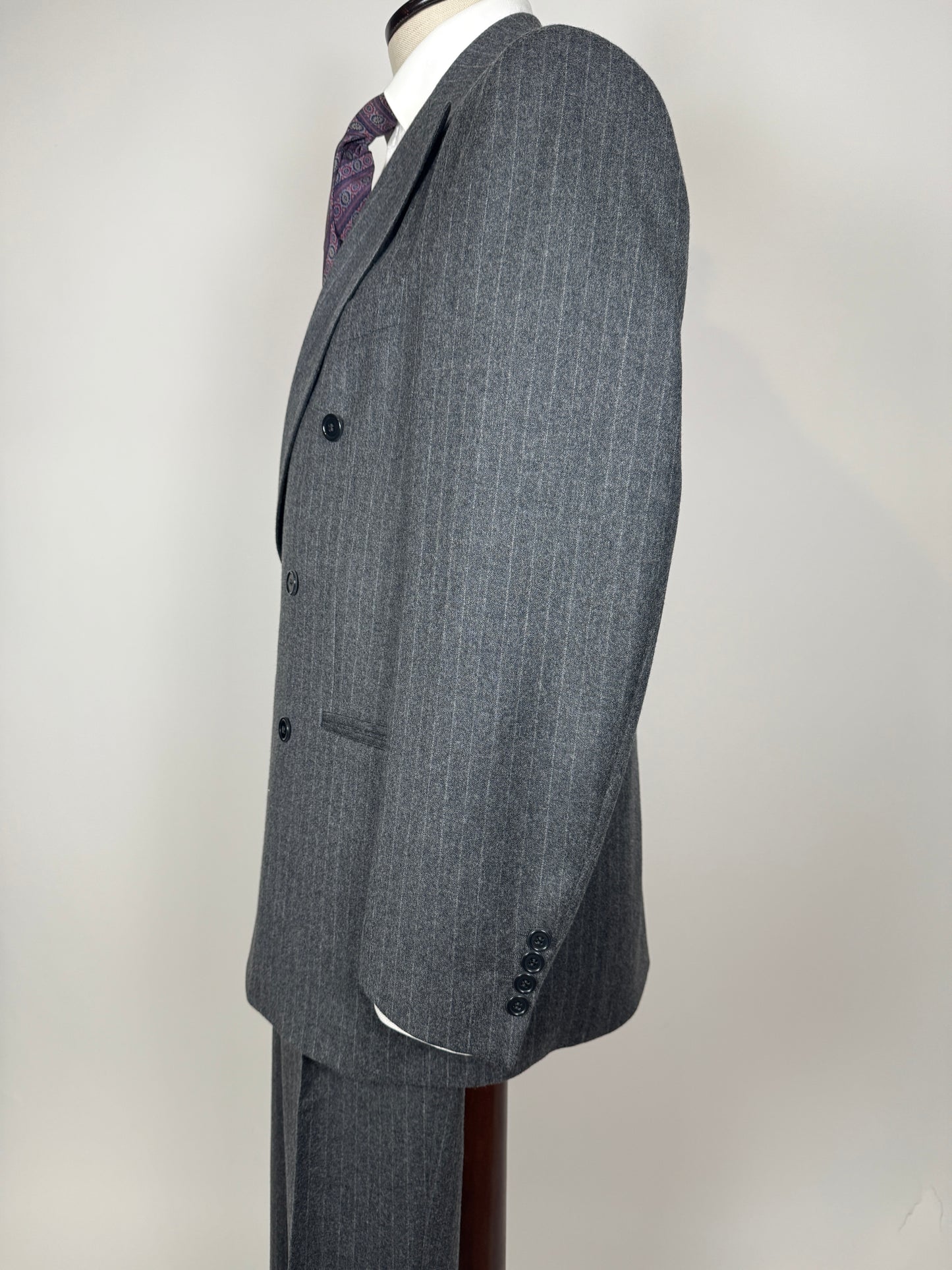 Completo doppiopetto flanella grigio gessato anni ‘80/‘90 - tg. 48/50, drop alto
