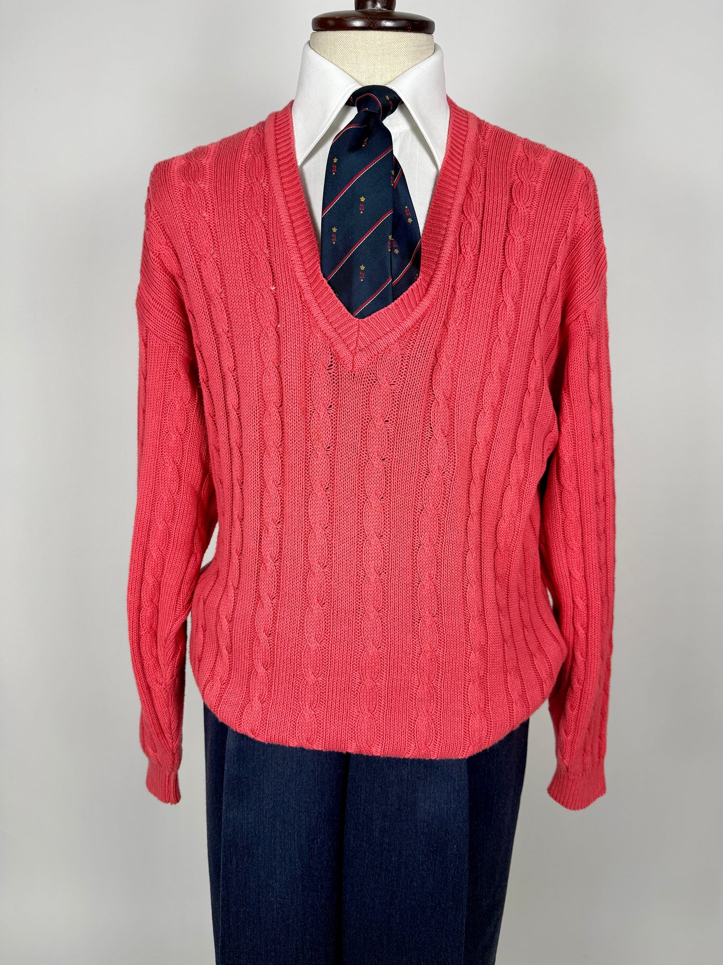 Pullover rosa corallo anni ‘80 100% cotone a trecce - tg. L/XL