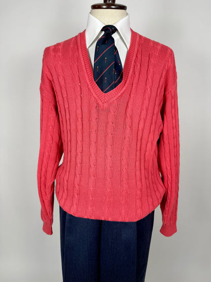 Pullover rosa corallo anni ‘80 100% cotone a trecce - tg. L/XL