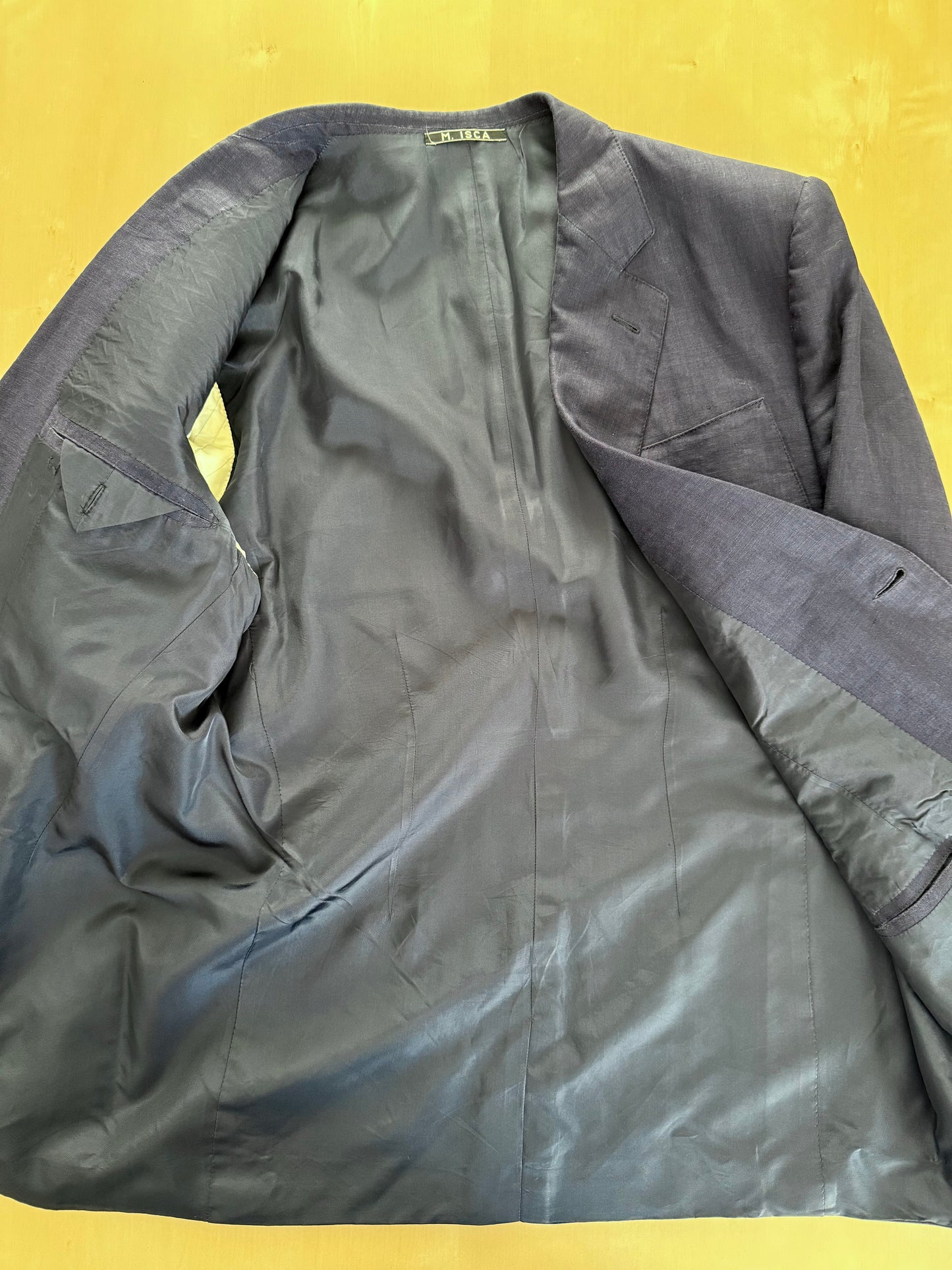 Completo sartoriale anni '70 in lino blu stile workwear - tg. 54