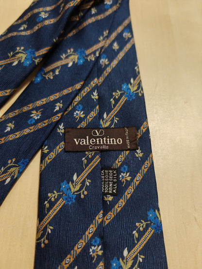 Cravatta Valentino blu riga floreale crêpe di seta