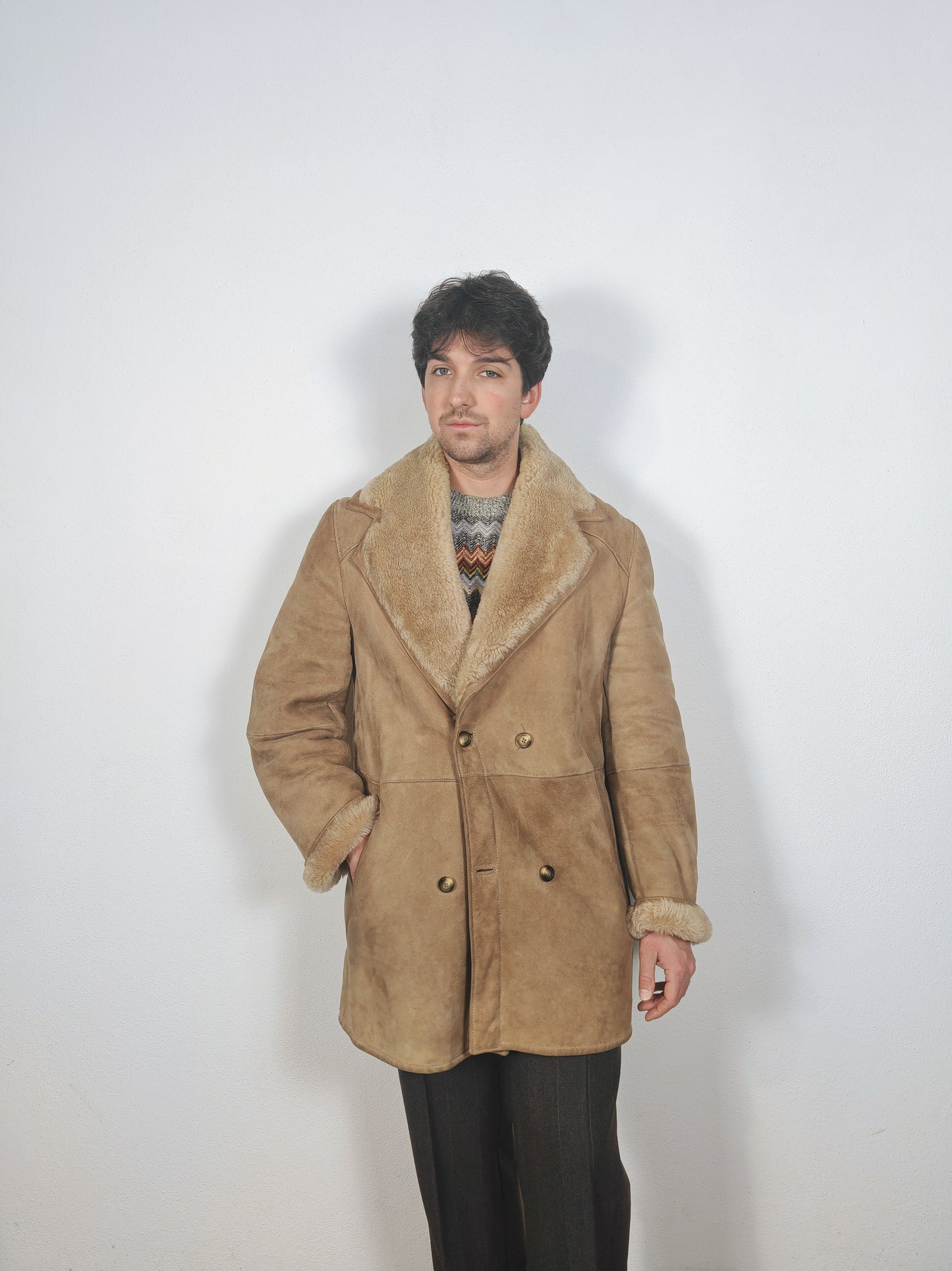 Montone shearling anni '70 doppiopetto color cammello - L/XL