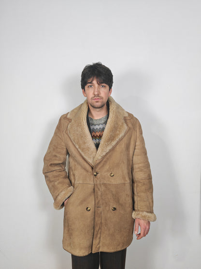 Montone shearling anni '70 doppiopetto color cammello - L/XL