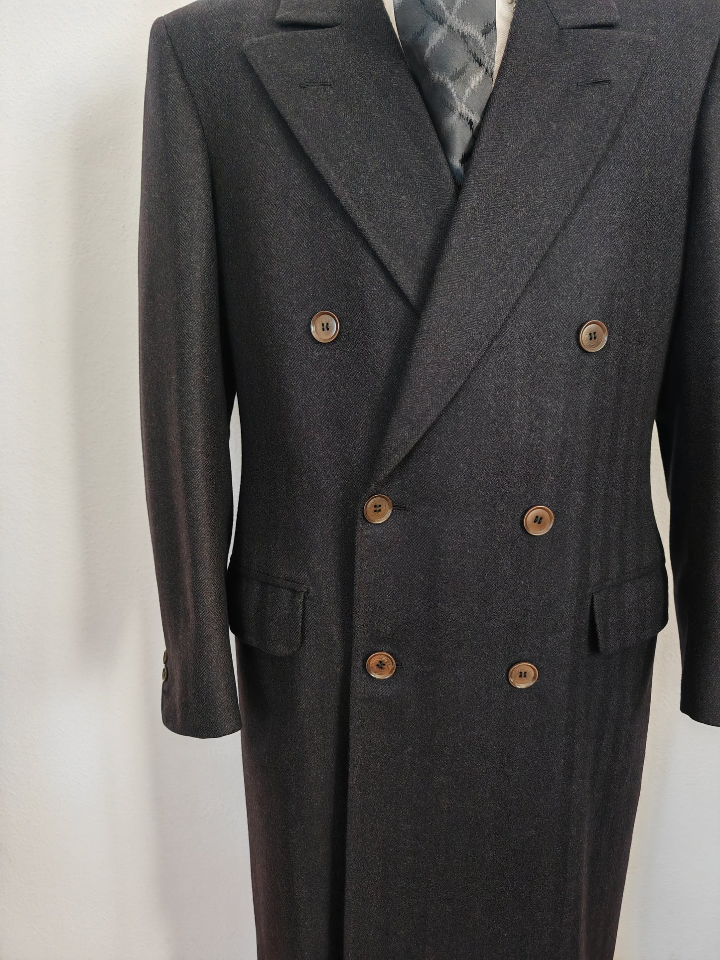 Cappotto sartoriale doppiopetto in tessuto spinato scozzese Crombie - tg. 50