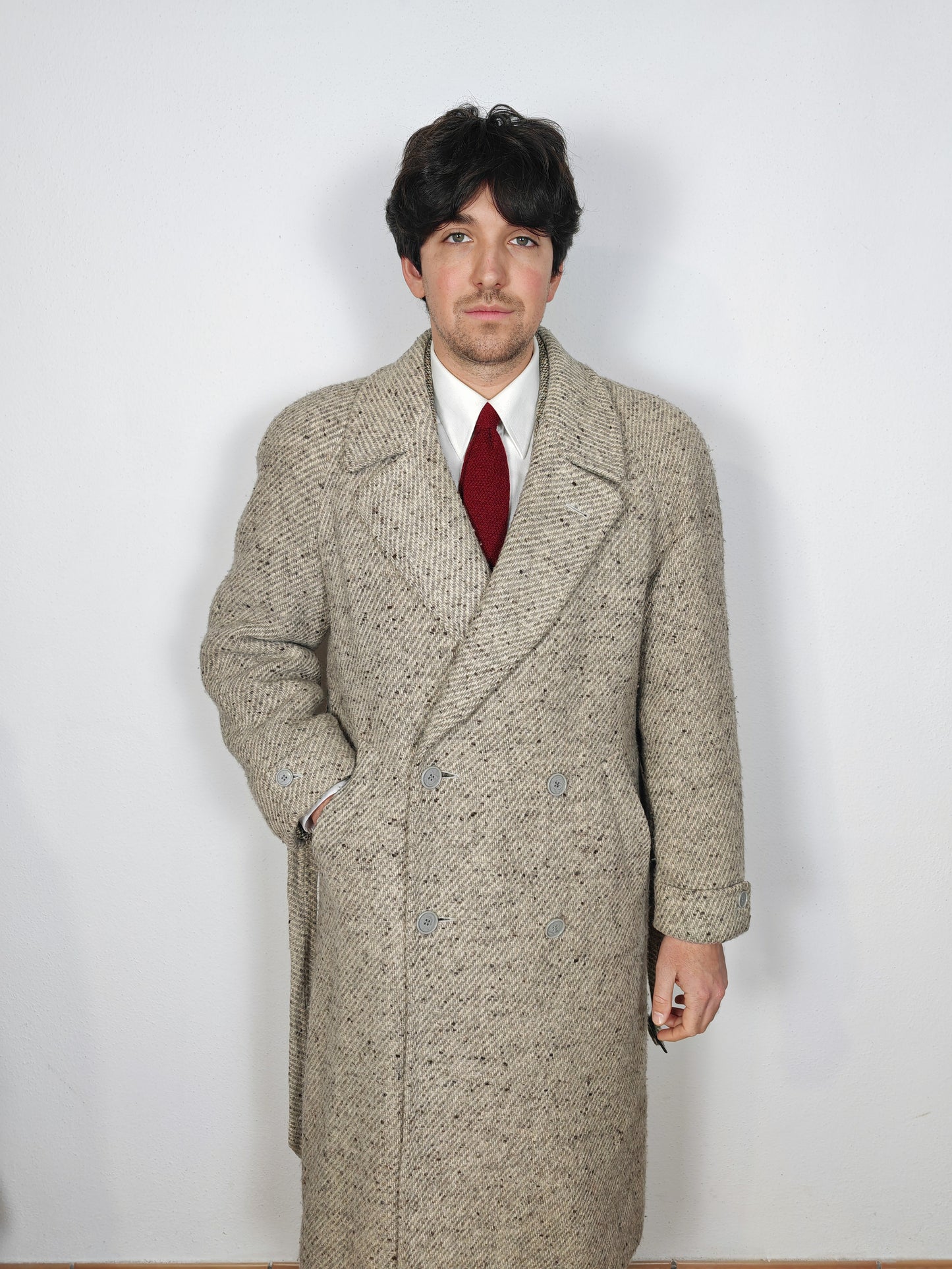 Cappotto raglan doppiopetto in tweed ecru - tg. 48-52