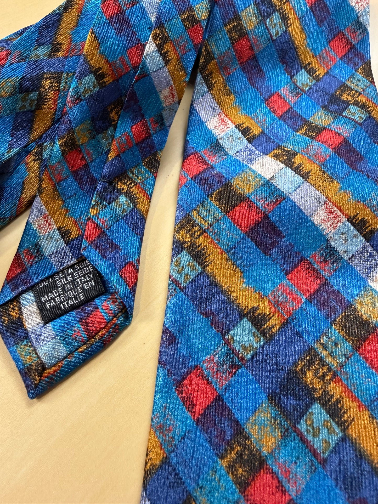 Cravatta Missoni fantasia reticolo blu oro rosso