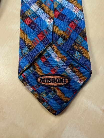 Cravatta Missoni fantasia reticolo blu oro rosso