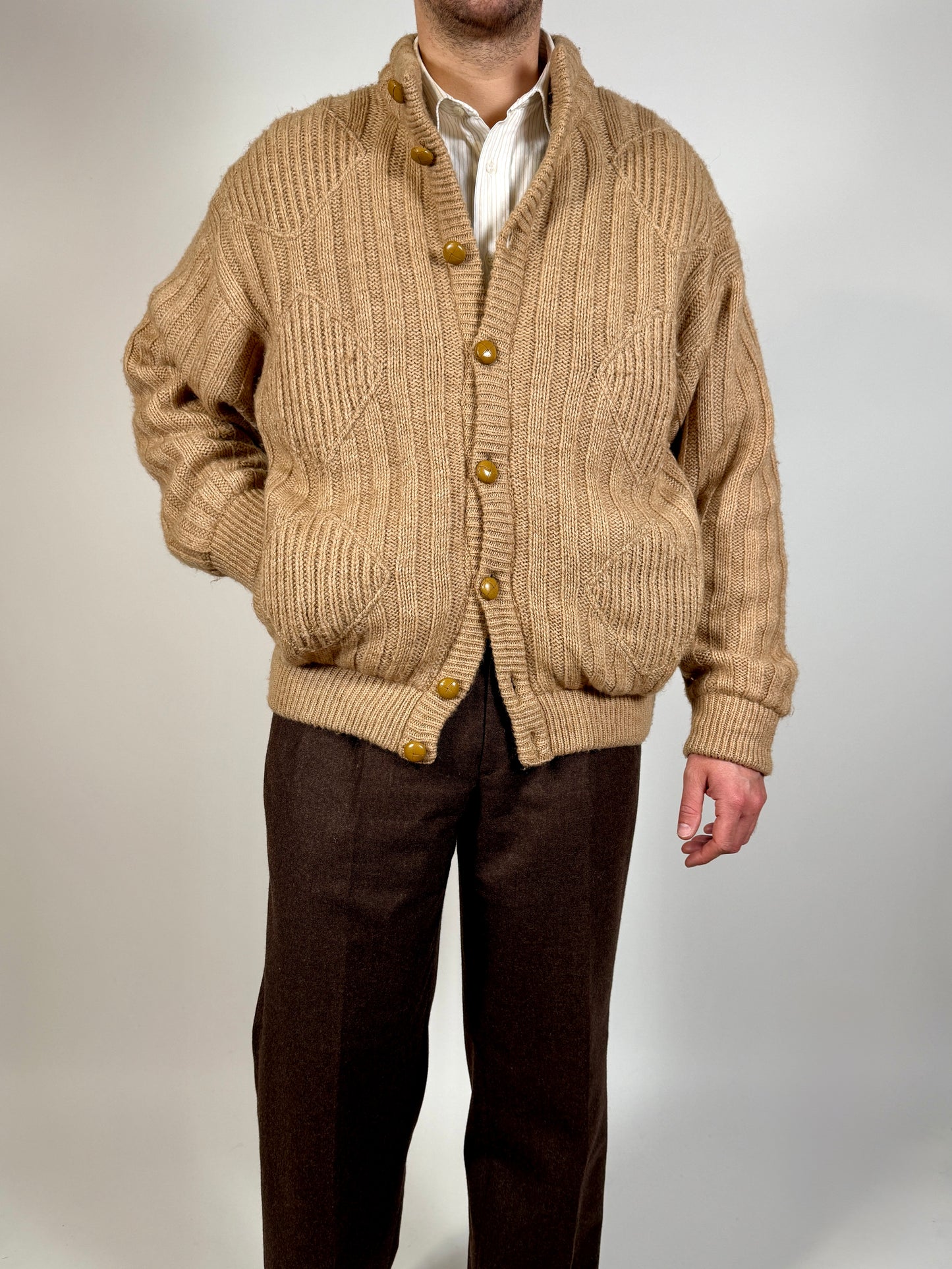 Cardigan-giubbotto anni ‘80 in cammello e lana - XL