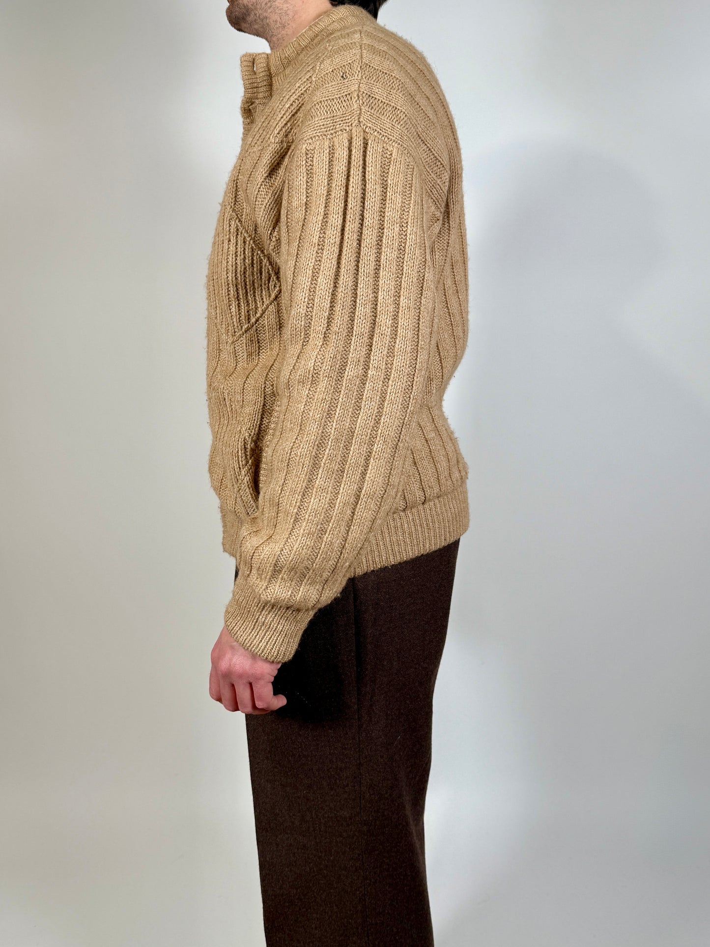 Cardigan-giubbotto anni ‘80 in cammello e lana - XL