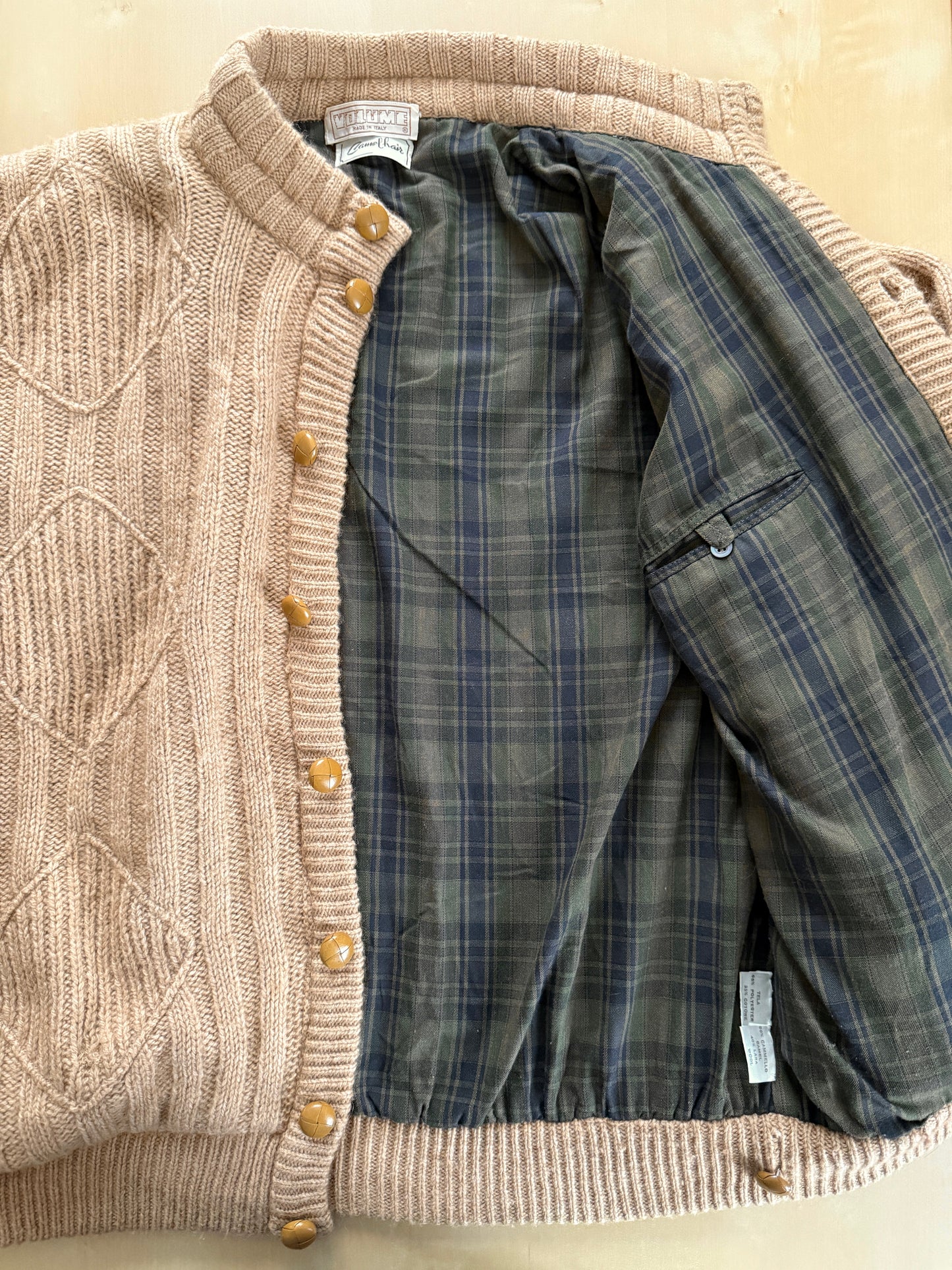 Cardigan-giubbotto anni ‘80 in cammello e lana - XL