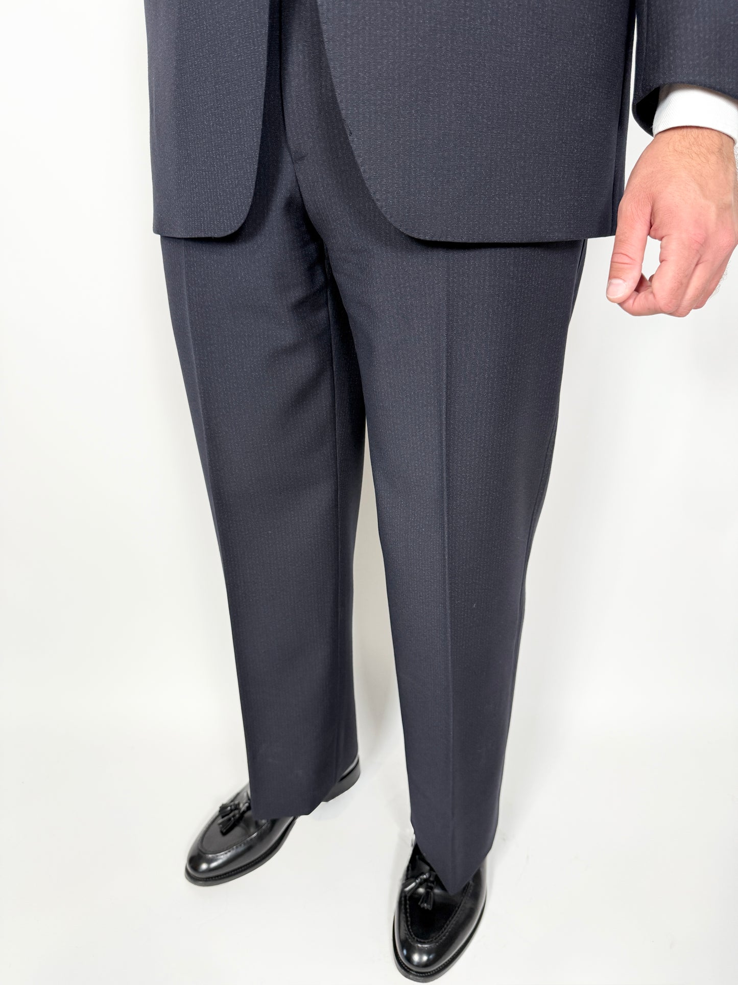 Completo anni ‘70 tela di lana blu gessato - tg. 50/52