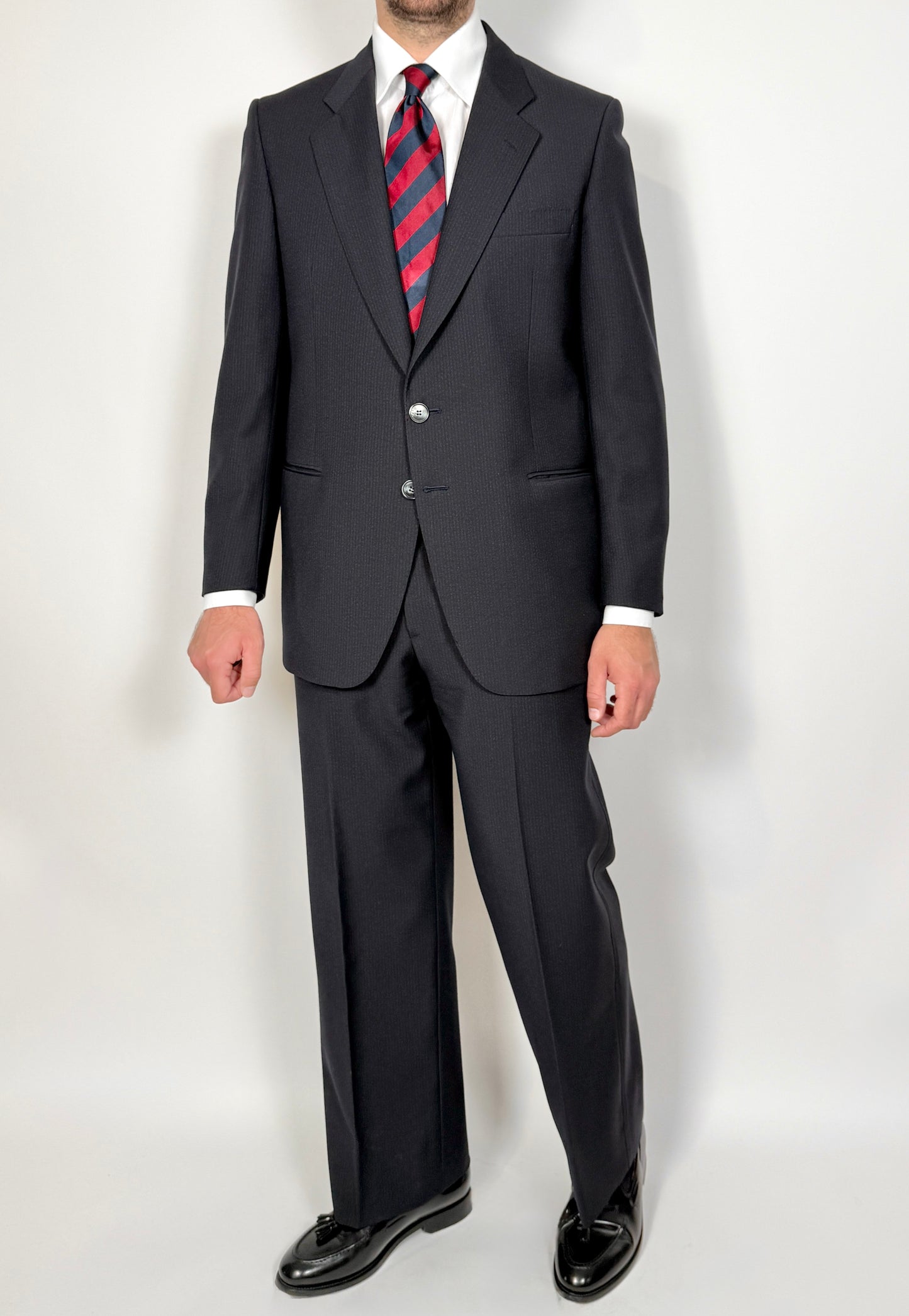 Completo anni ‘70 tela di lana blu gessato - tg. 50/52