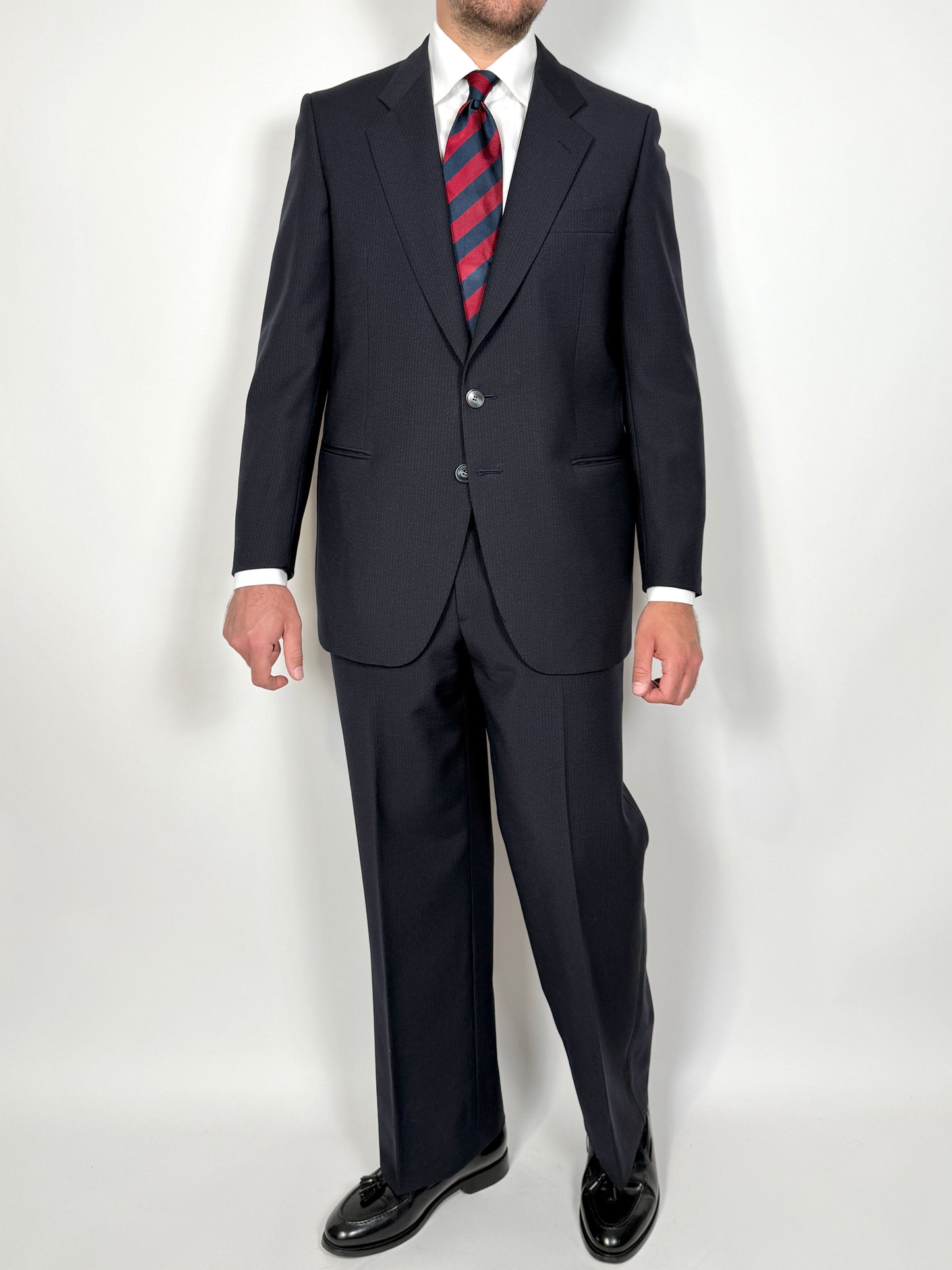 Completo anni ‘70 tela di lana blu gessato - tg. 50/52