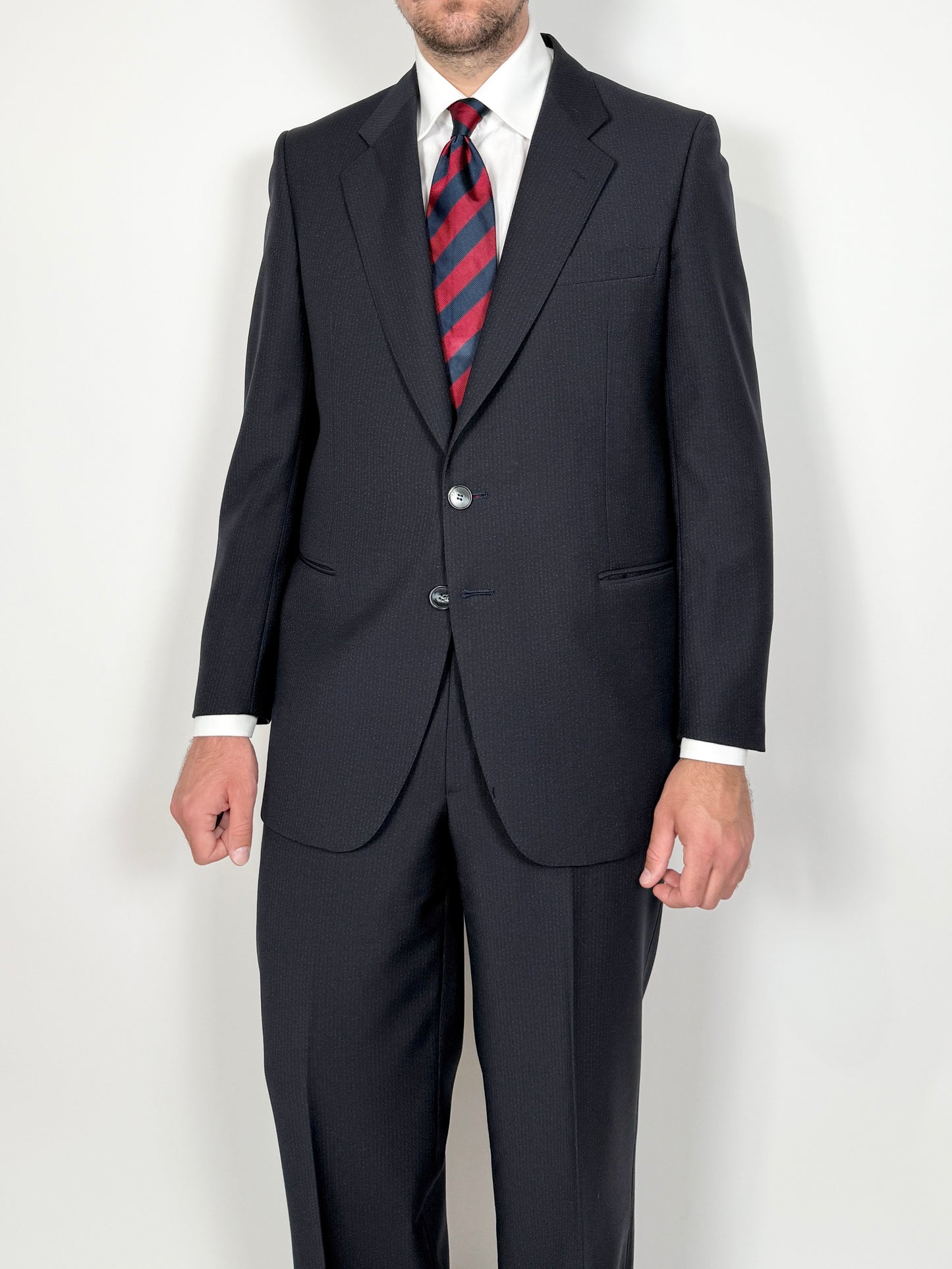 Completo anni ‘70 tela di lana blu gessato - tg. 50/52