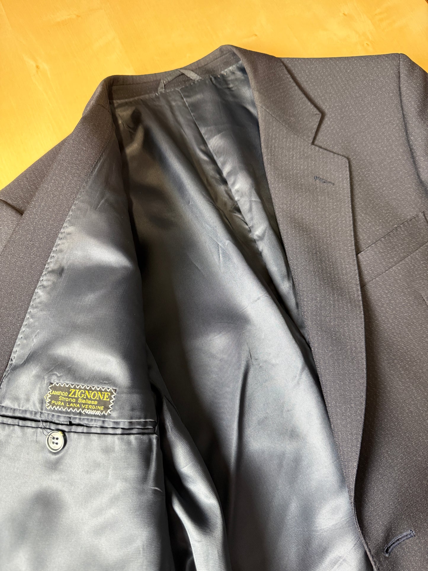 Completo anni ‘70 tela di lana blu gessato - tg. 50/52