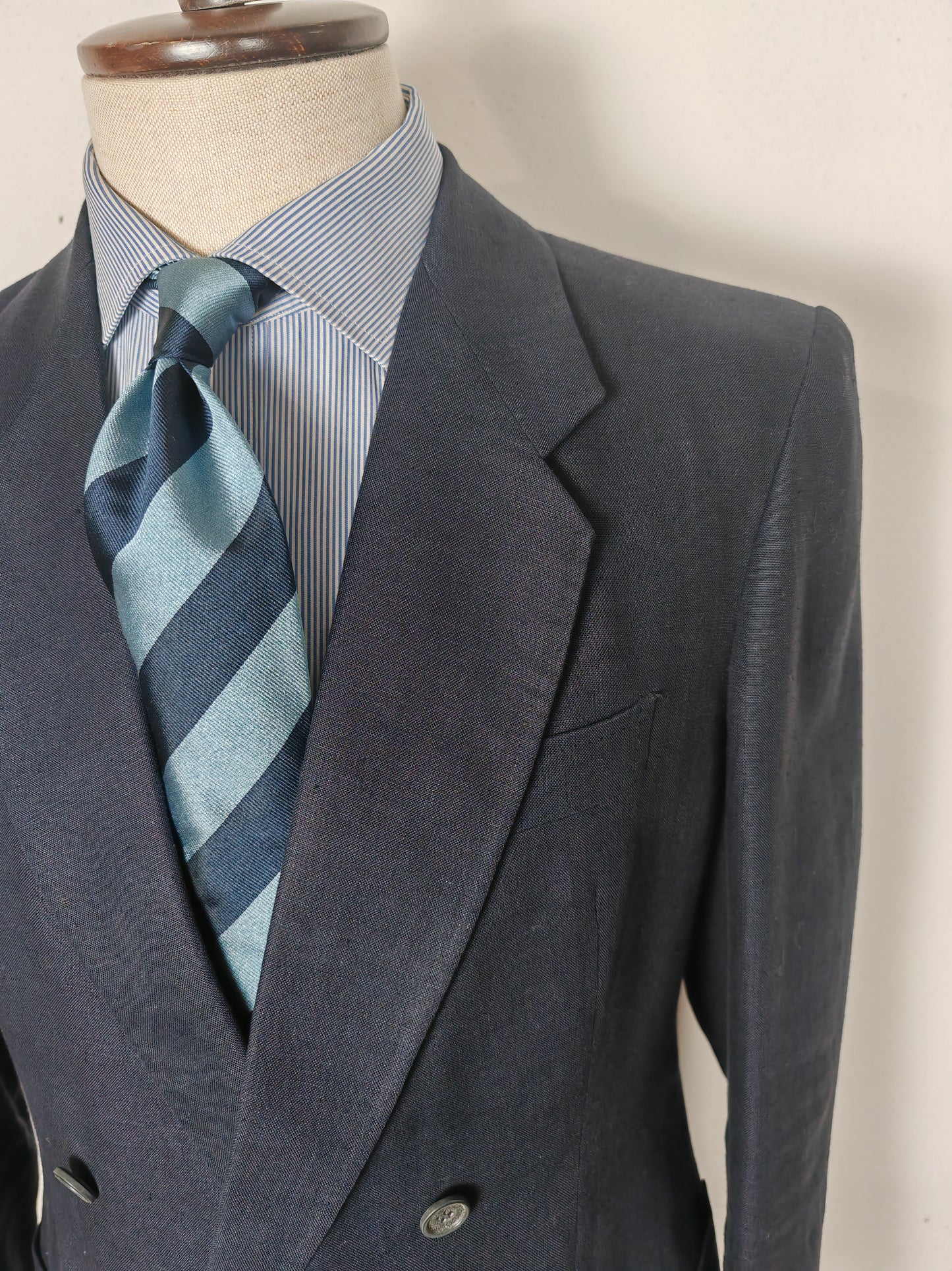 Completo doppiopetto sartoriale anni '70 in puro lino blu - tg. 46