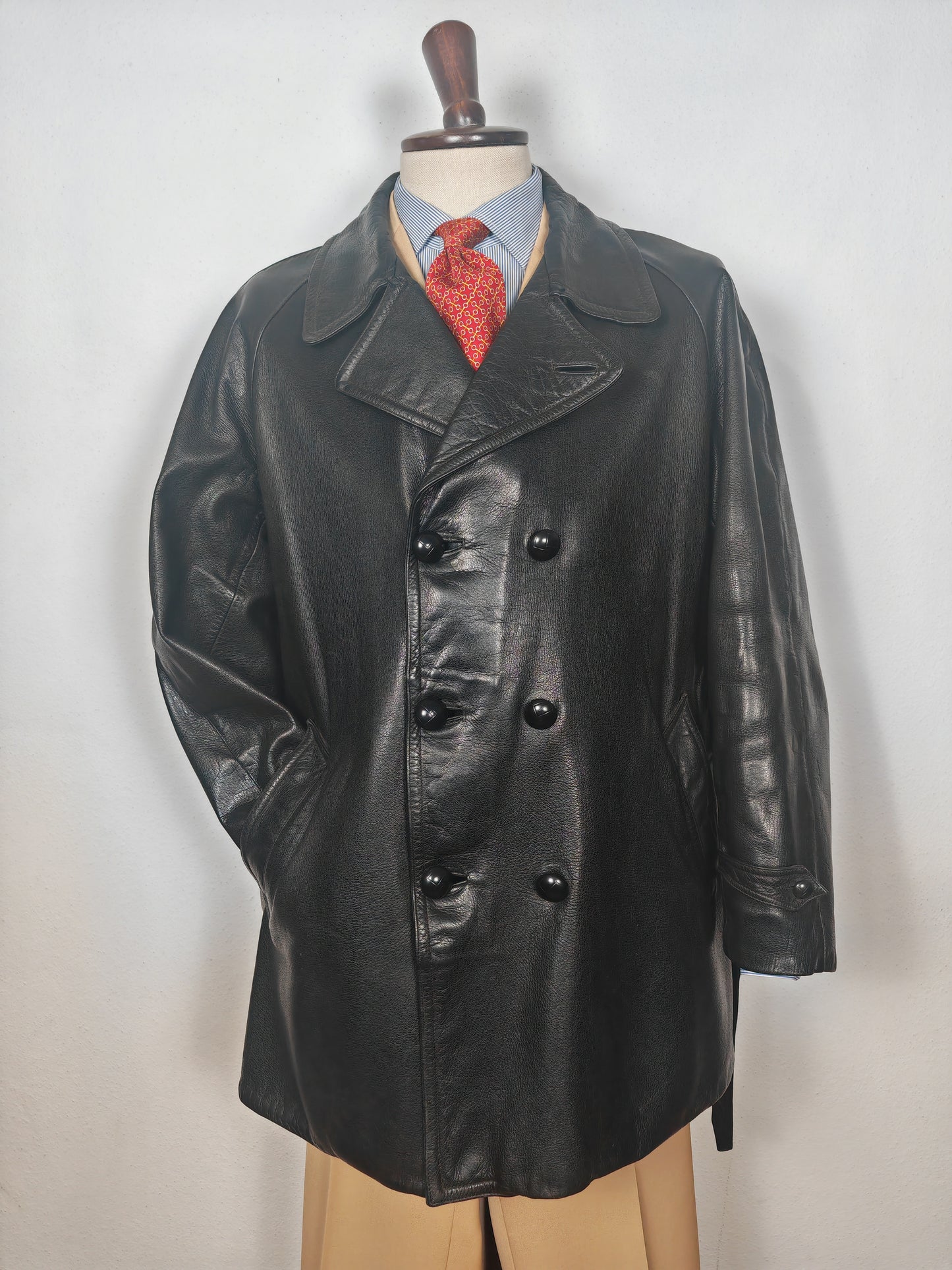 Giacca in pelle doppiopetto anni '50/'60 stile biker/militare - tg. 46-50
