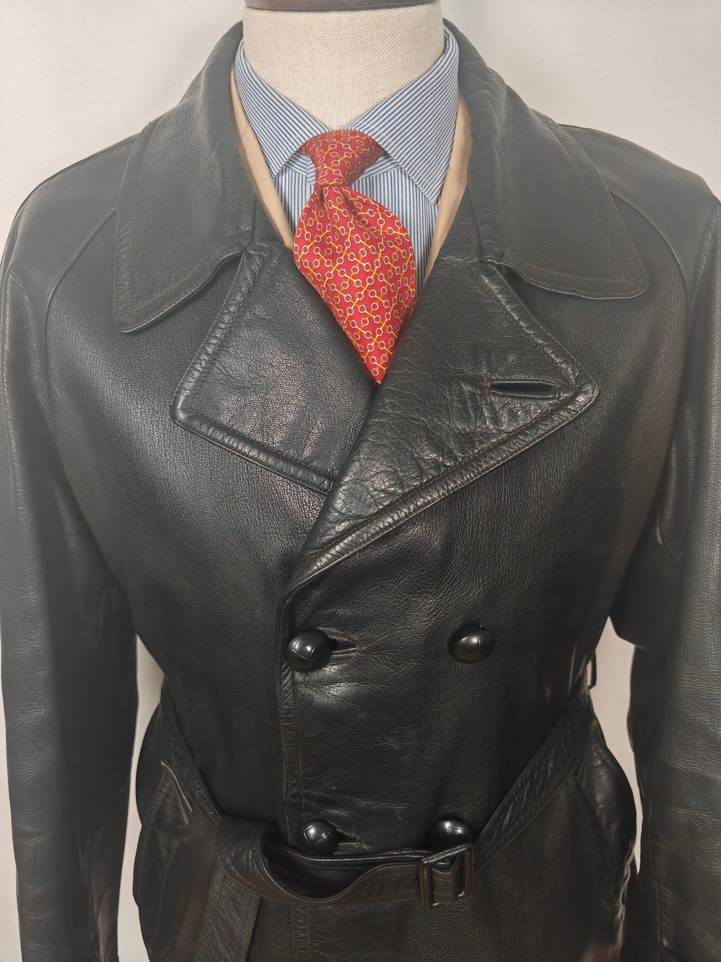 Giacca in pelle doppiopetto anni '50/'60 stile biker/militare - tg. 46-50