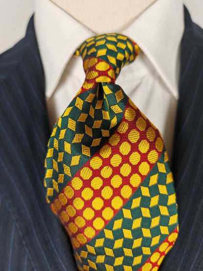 Cravatta geometrica rossa verde e oro