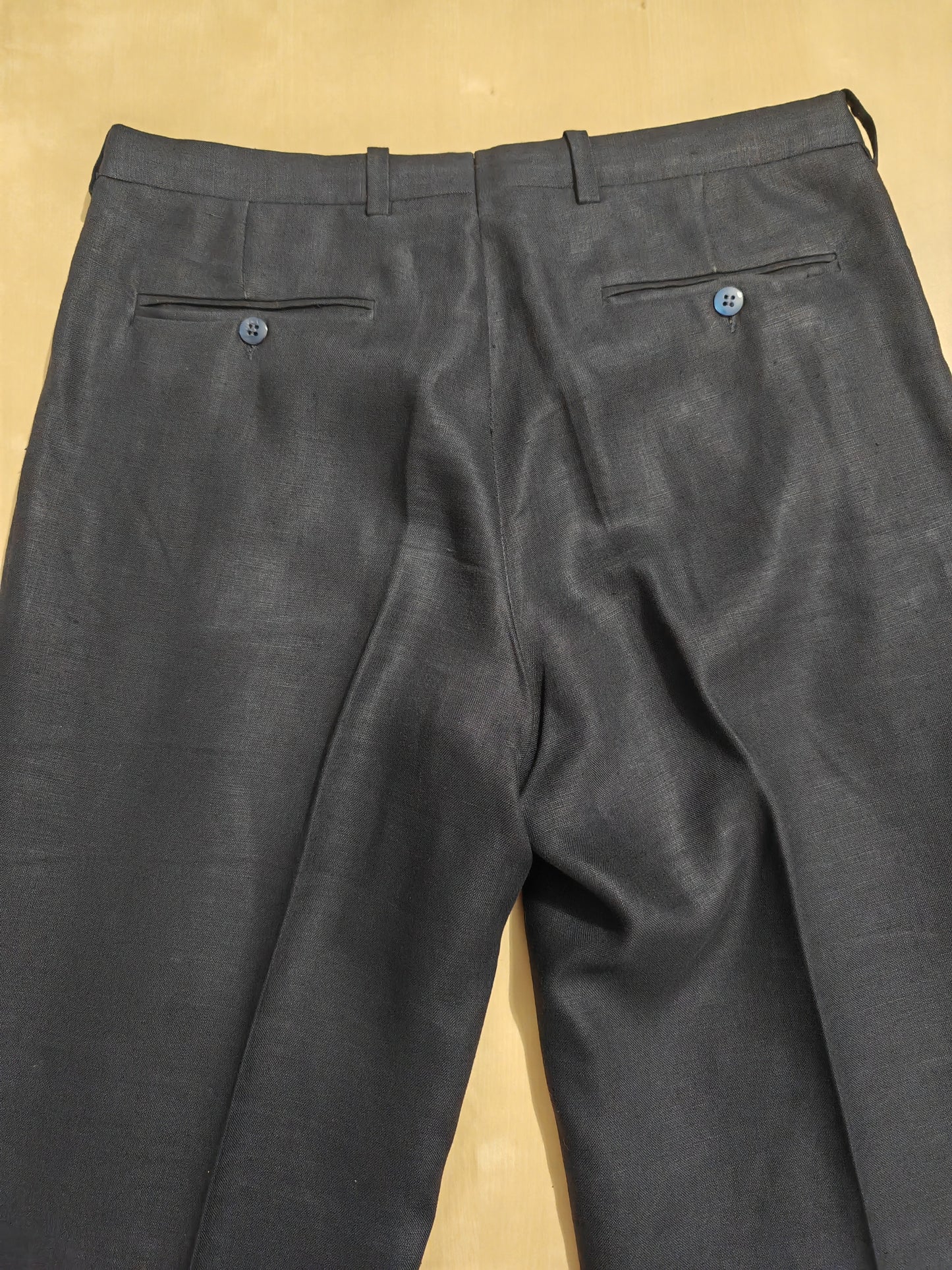 Completo doppiopetto sartoriale anni '70 in puro lino blu - tg. 46