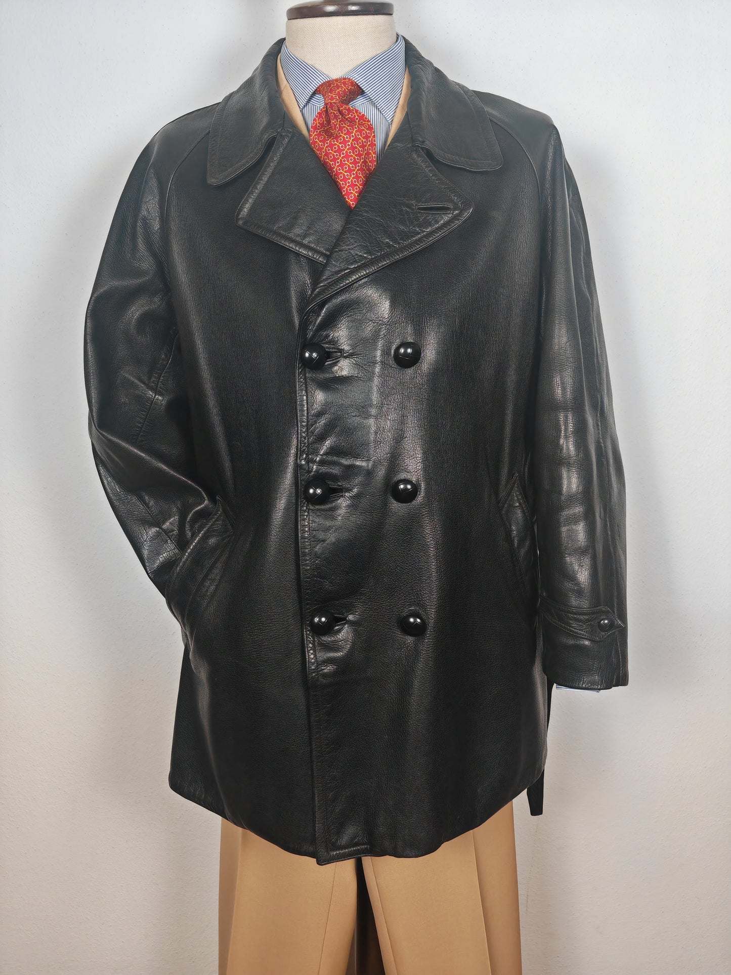 Giacca in pelle doppiopetto anni '50/'60 stile biker/militare - tg. 46-50