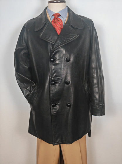 Giacca in pelle doppiopetto anni '50/'60 stile biker/militare - tg. 46-50