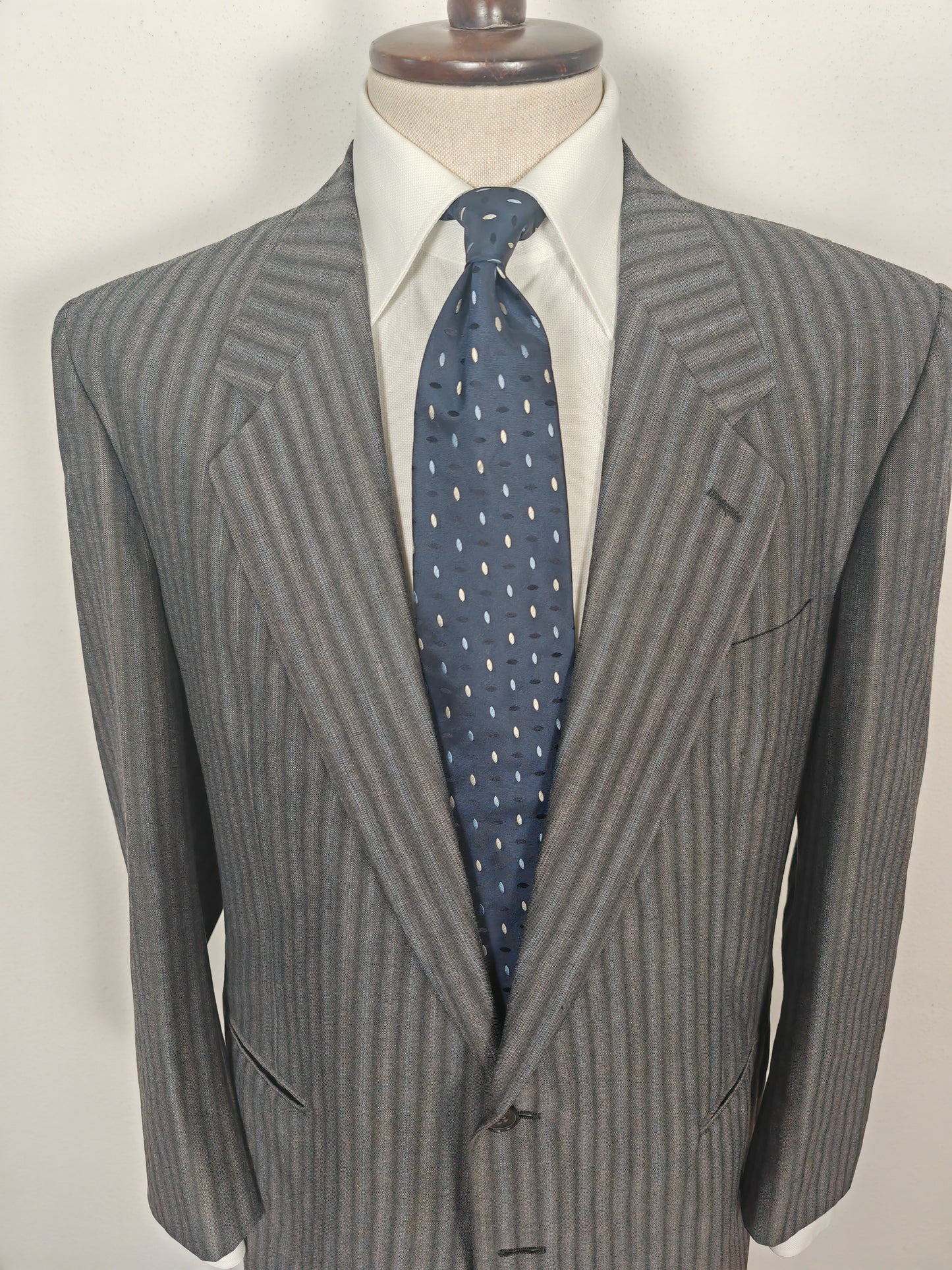 Completo anni '70/'80 tessuto Marzotto grigio a righe fresco lana - tg. 54/56