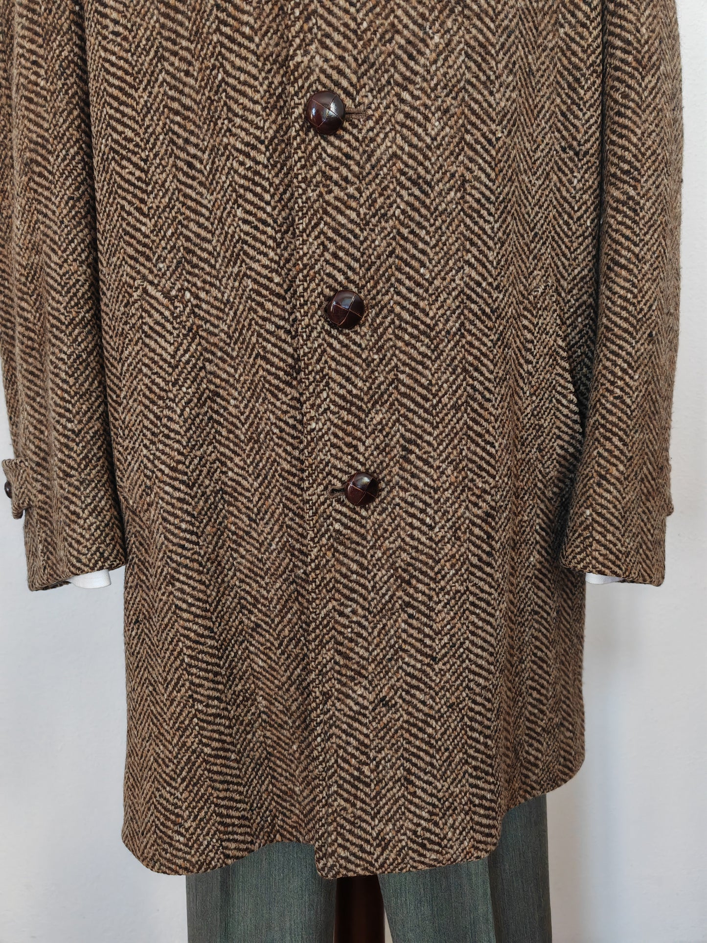 Cappotto anni '70 in tweed spigato, lunghezza tre quarti - tg. 48-50
