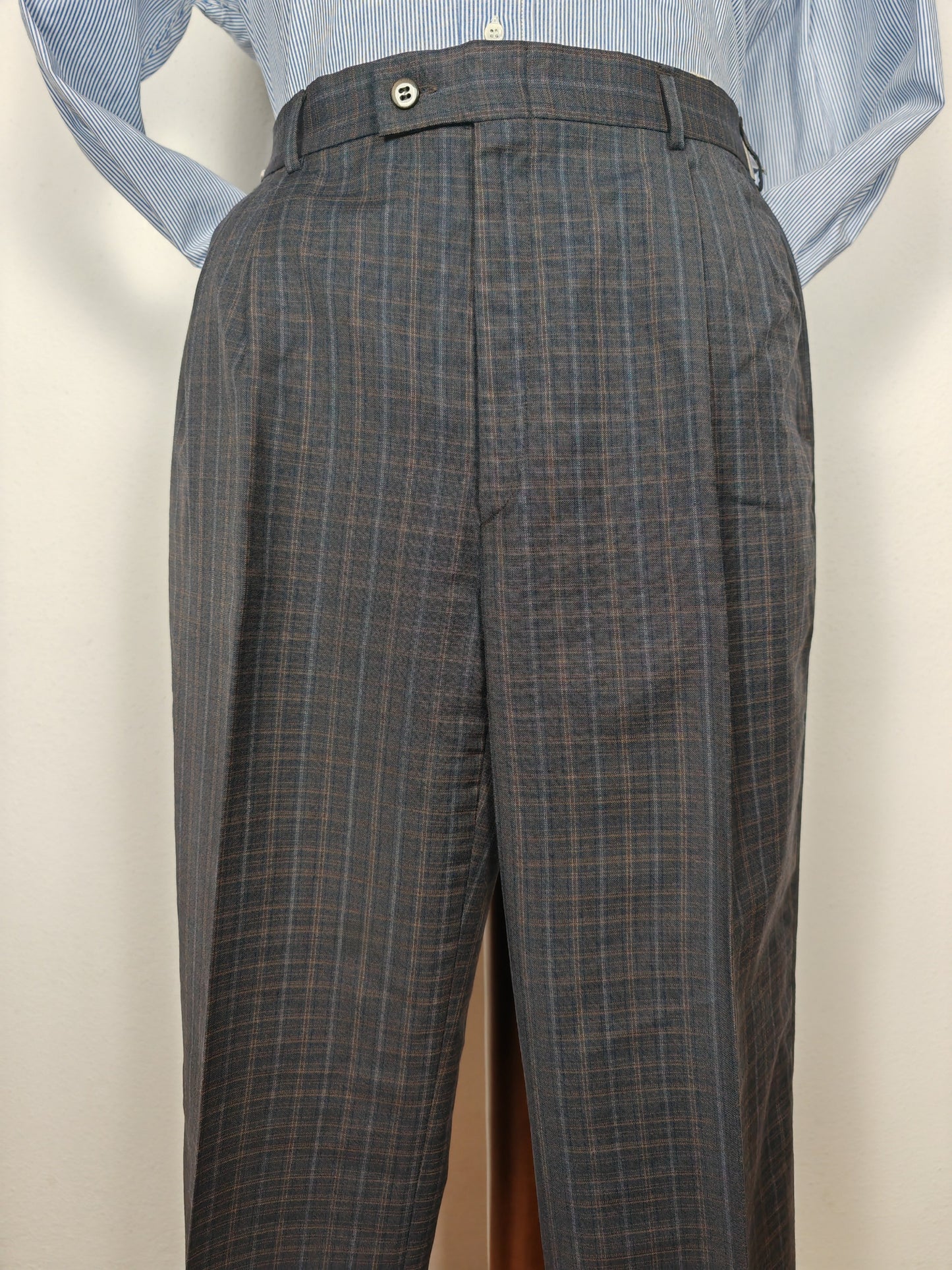 Pantalone anni '80 in fresco lana blu a quadri - tg. 48