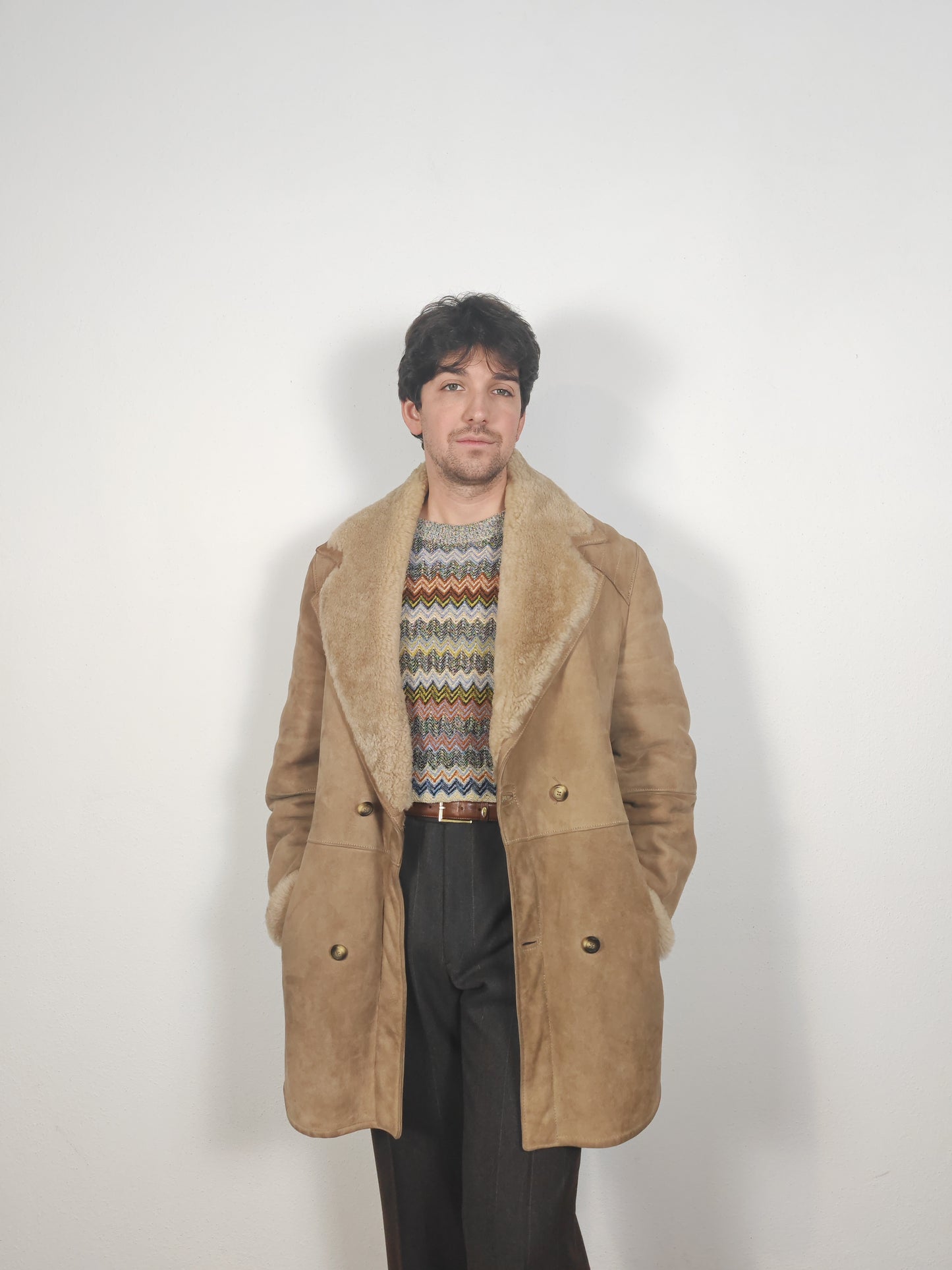 Montone shearling anni '70 doppiopetto color cammello - L/XL