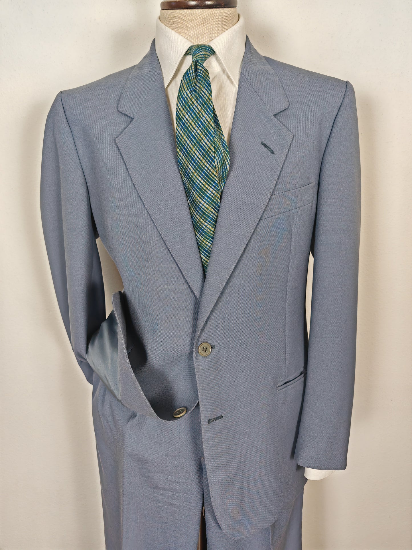 Completo anni '70 in tela di lana azzurro carta da zucchero - tg. 50