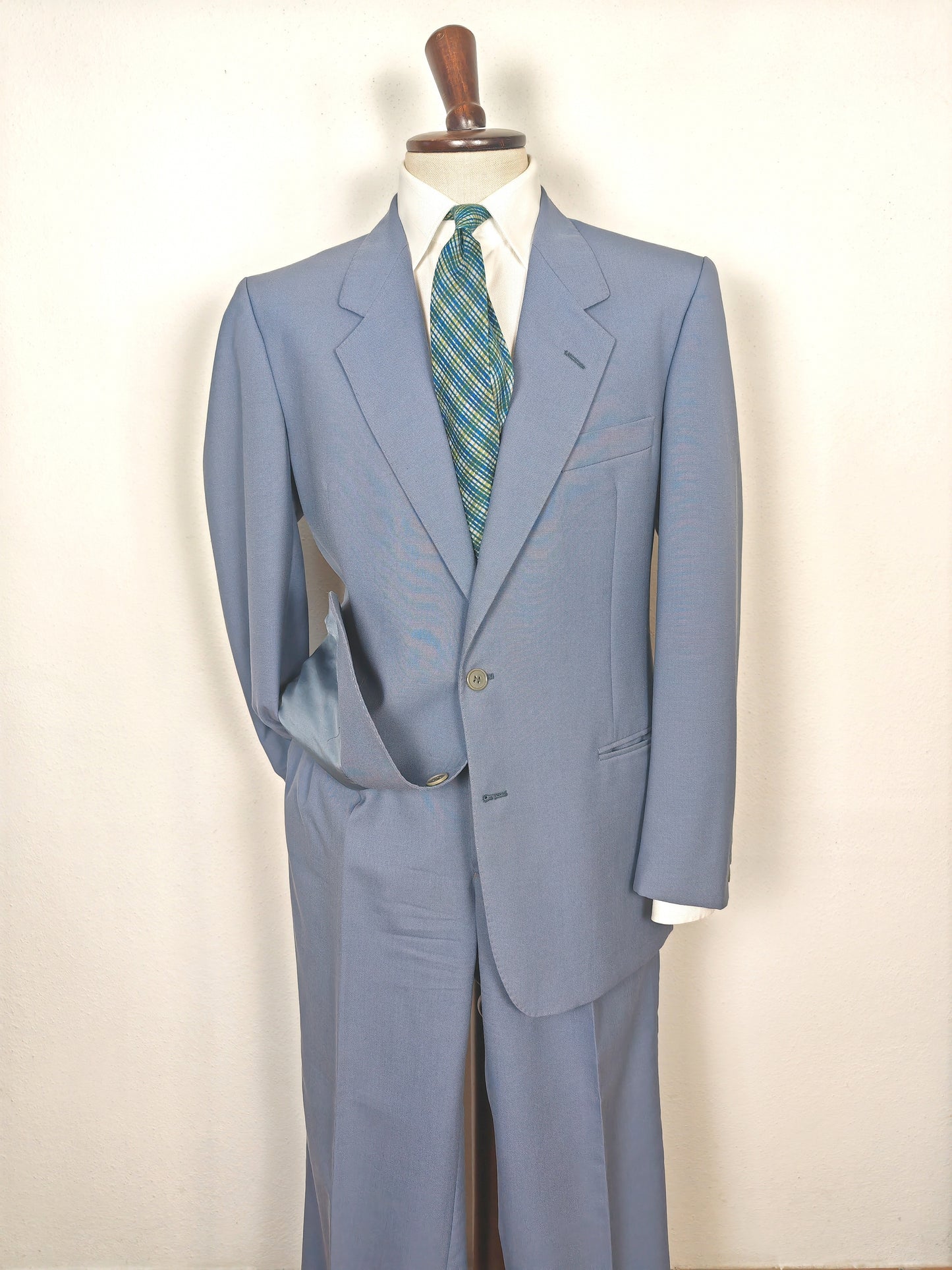 Completo anni '70 in tela di lana azzurro carta da zucchero - tg. 50