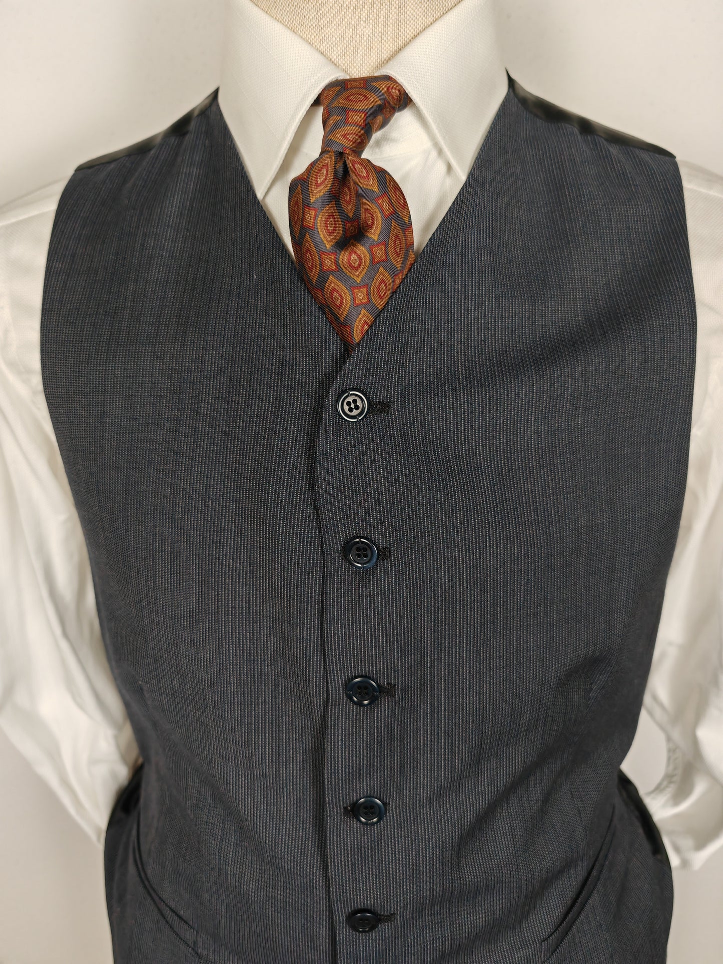 Completo 3 pezzi anni '90 in fresco lana blu gessato - tg. 50