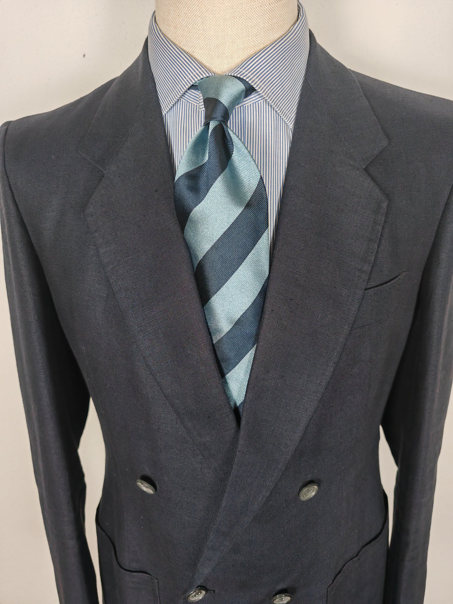 Completo doppiopetto sartoriale anni '70 in puro lino blu - tg. 46