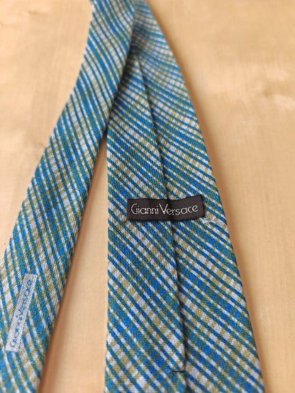 Cravatta Versace vintage fantasia reticolo azzurro