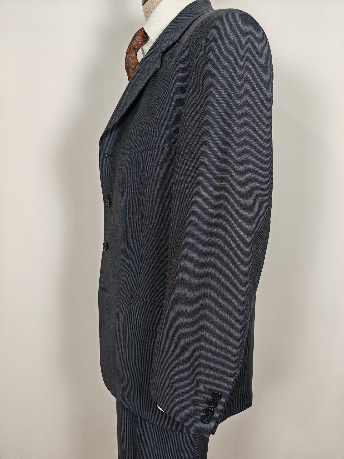 Completo 3 pezzi anni '90 in fresco lana blu gessato - tg. 50