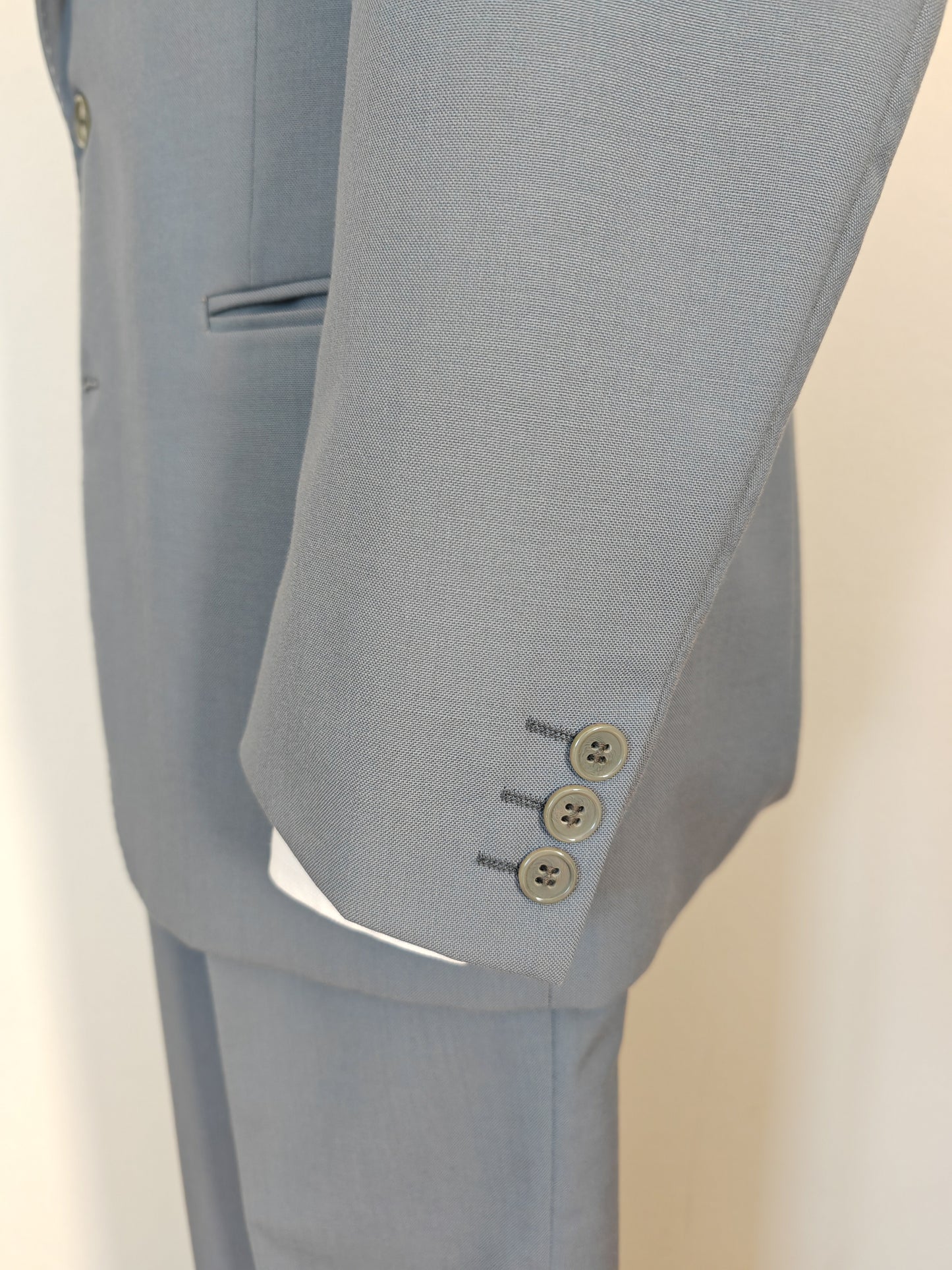 Completo anni '70 in tela di lana azzurro carta da zucchero - tg. 50