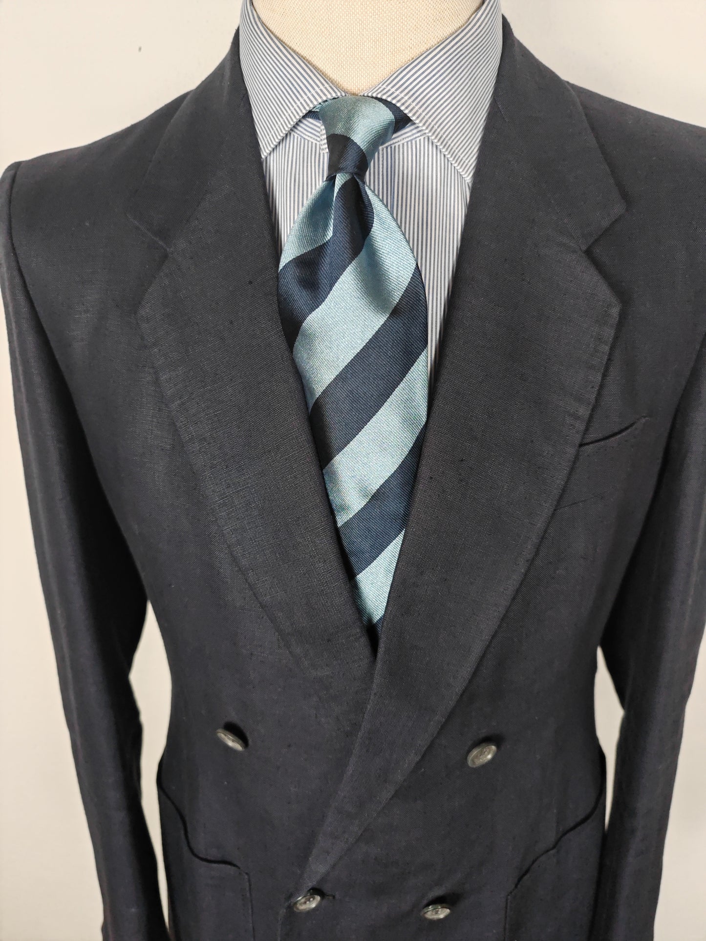 Completo doppiopetto sartoriale anni '70 in puro lino blu - tg. 46