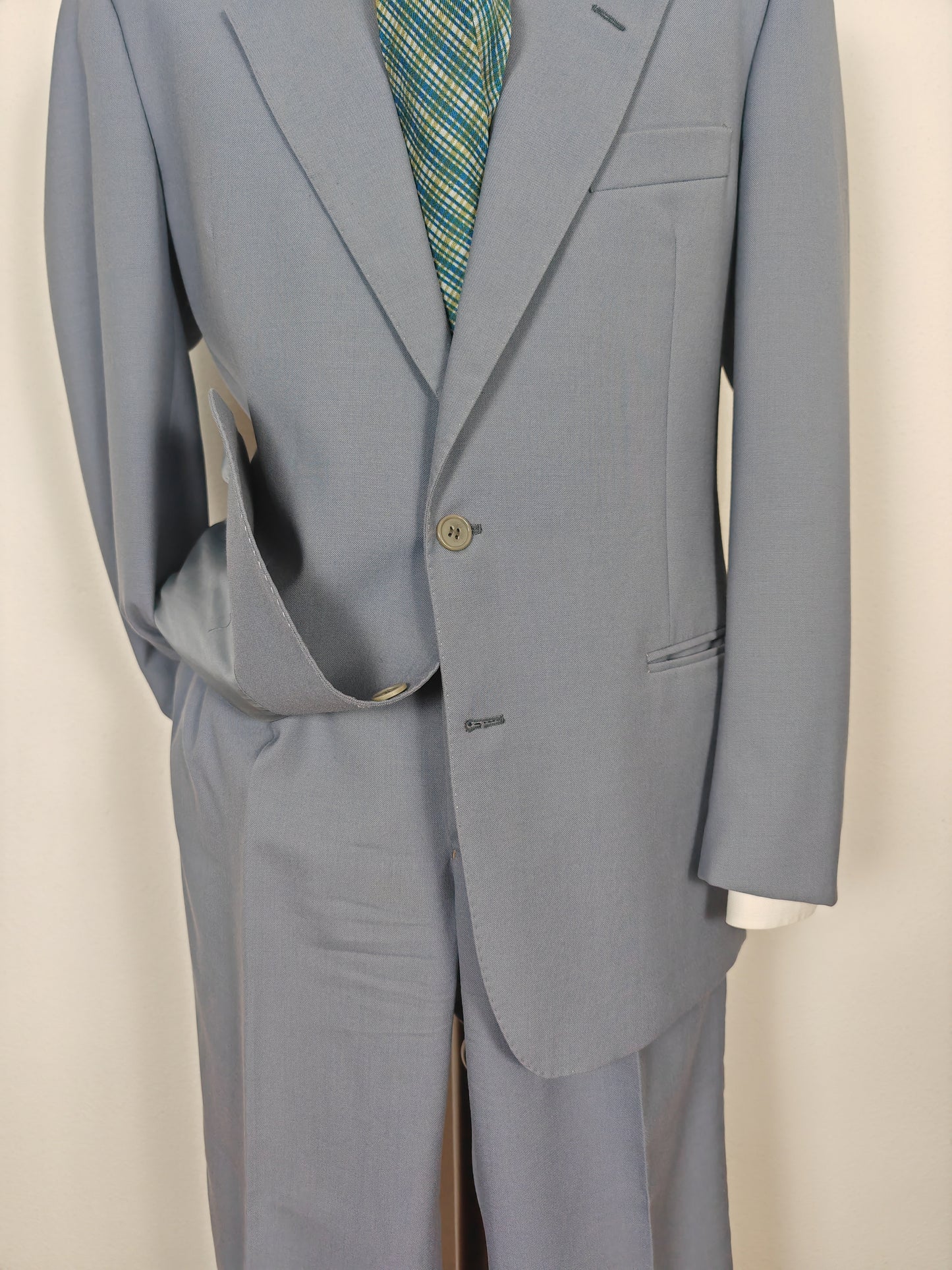 Completo anni '70 in tela di lana azzurro carta da zucchero - tg. 50