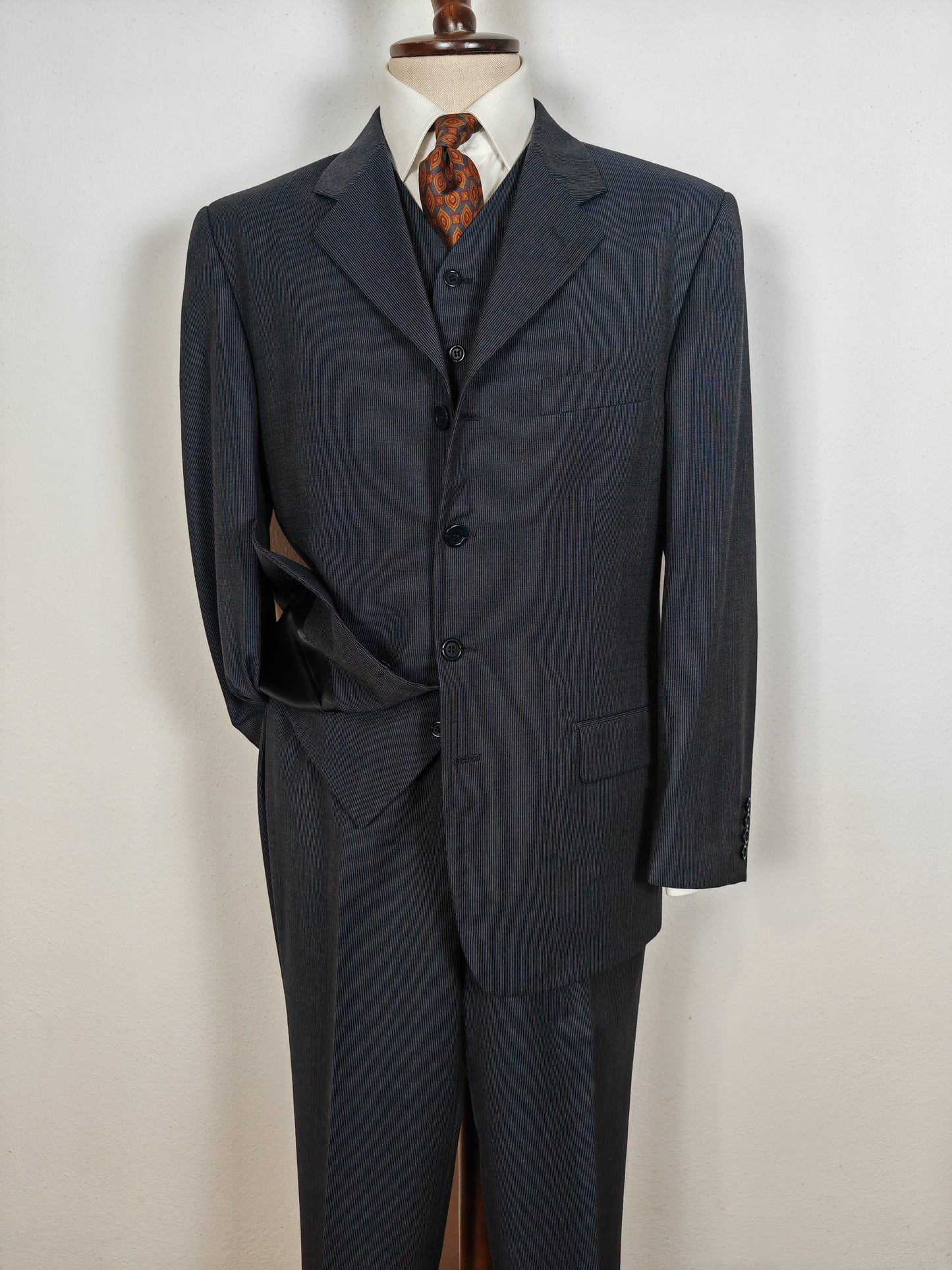 Completo 3 pezzi anni '90 in fresco lana blu gessato - tg. 50