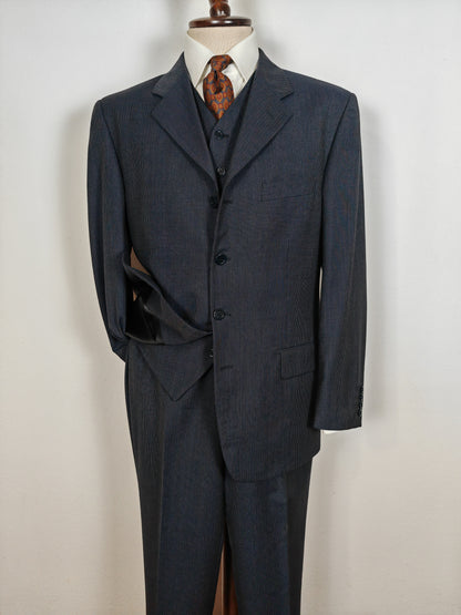 Completo 3 pezzi anni '90 in fresco lana blu gessato - tg. 50