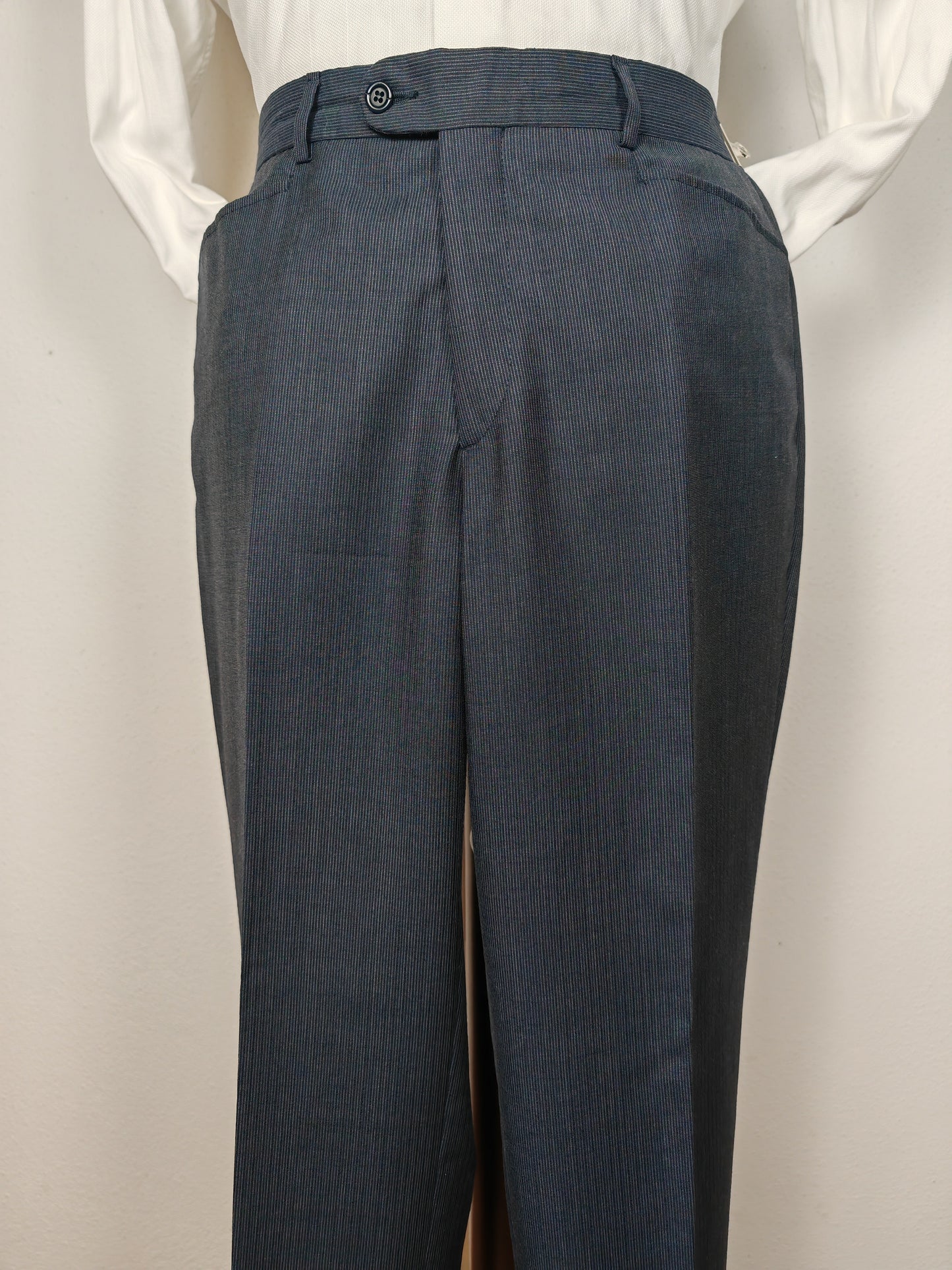 Completo 3 pezzi anni '90 in fresco lana blu gessato - tg. 50