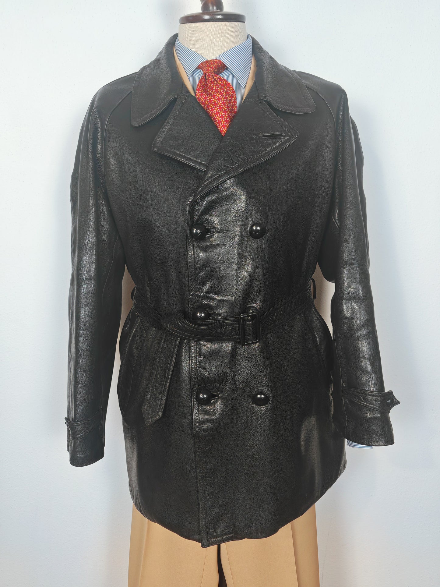 Giacca in pelle doppiopetto anni '50/'60 stile biker/militare - tg. 46-50