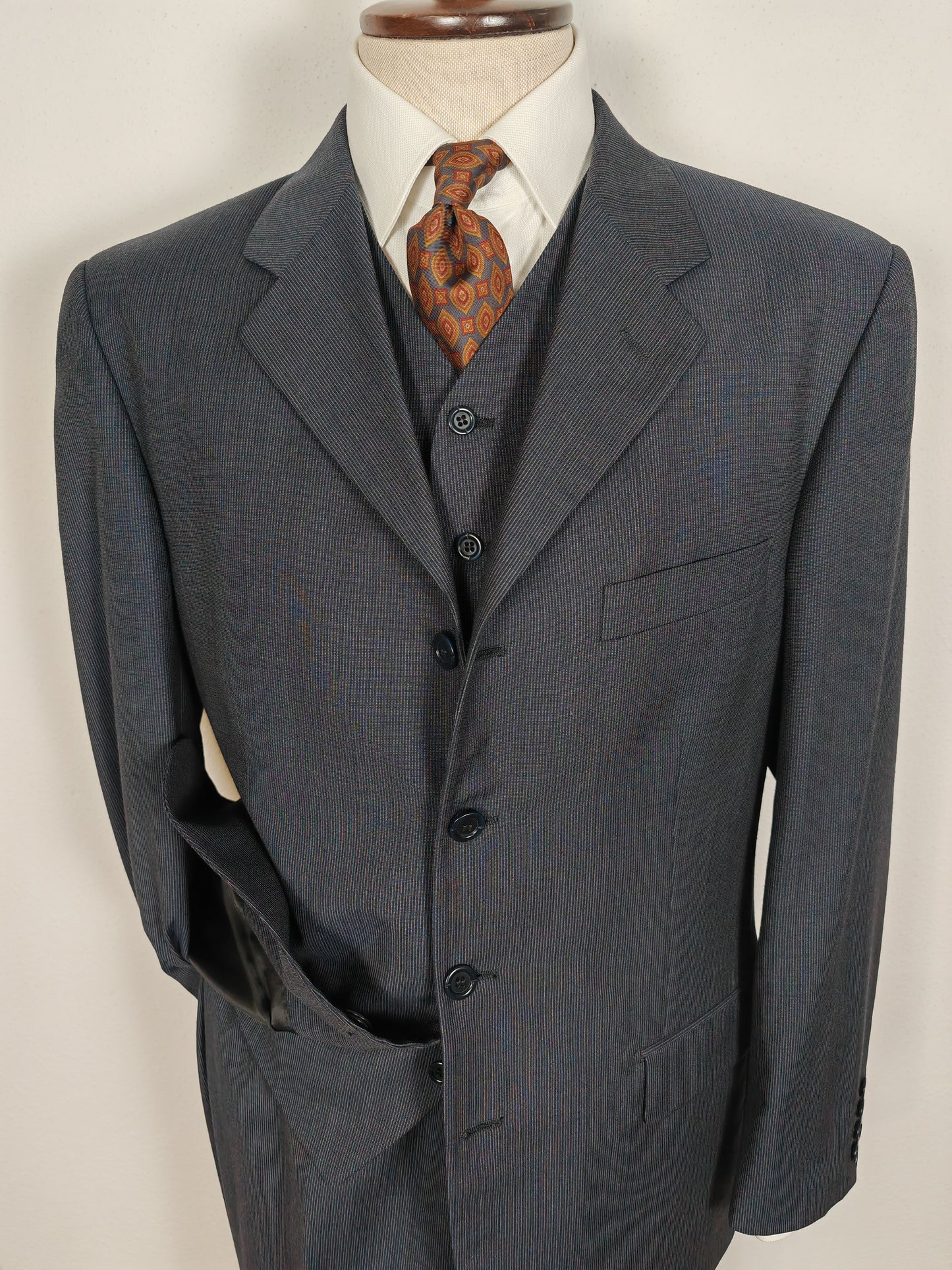 Completo 3 pezzi anni '90 in fresco lana blu gessato - tg. 50