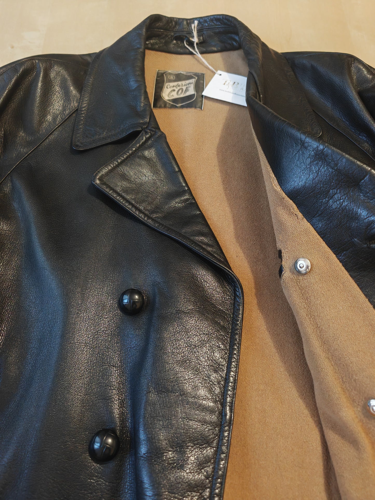 Giacca in pelle doppiopetto anni '50/'60 stile biker/militare - tg. 46-50